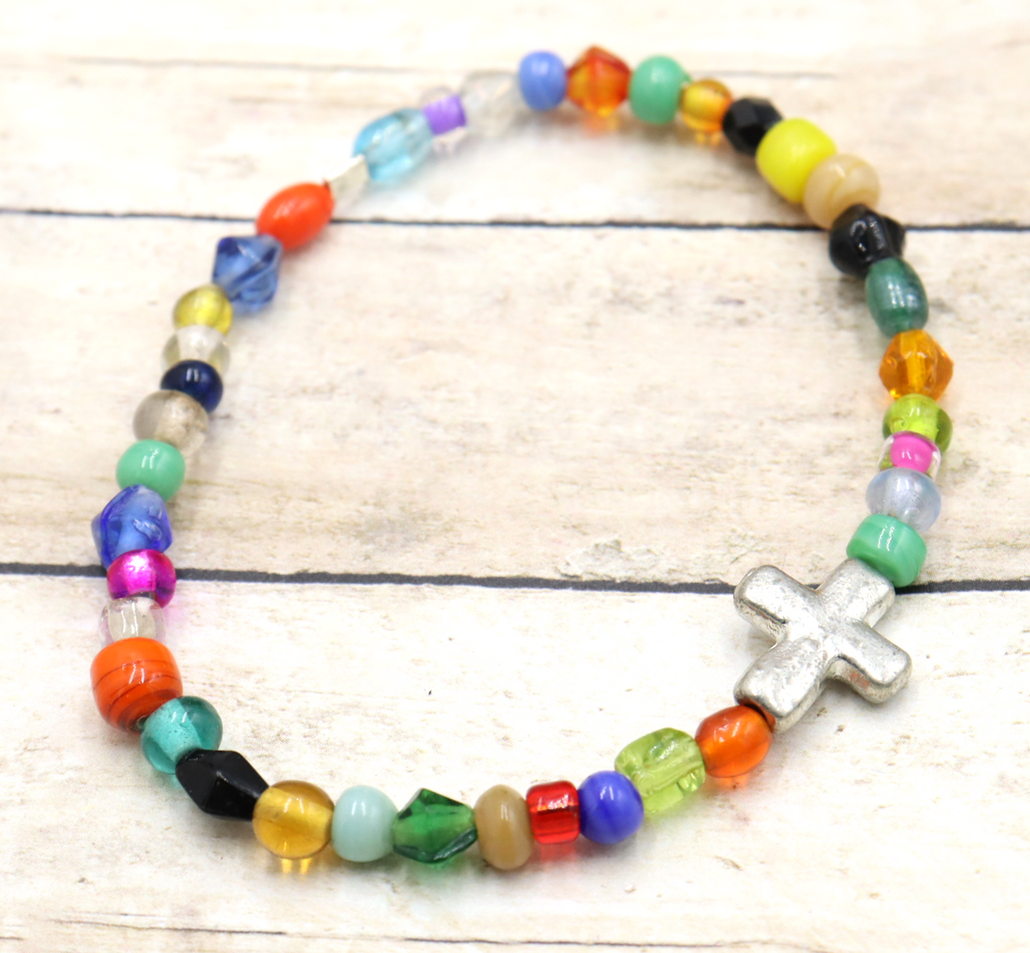 Colorful Joy Artisan Beads and Silver Metallic Cross Stretch Bracelet by Monkey's Mojo