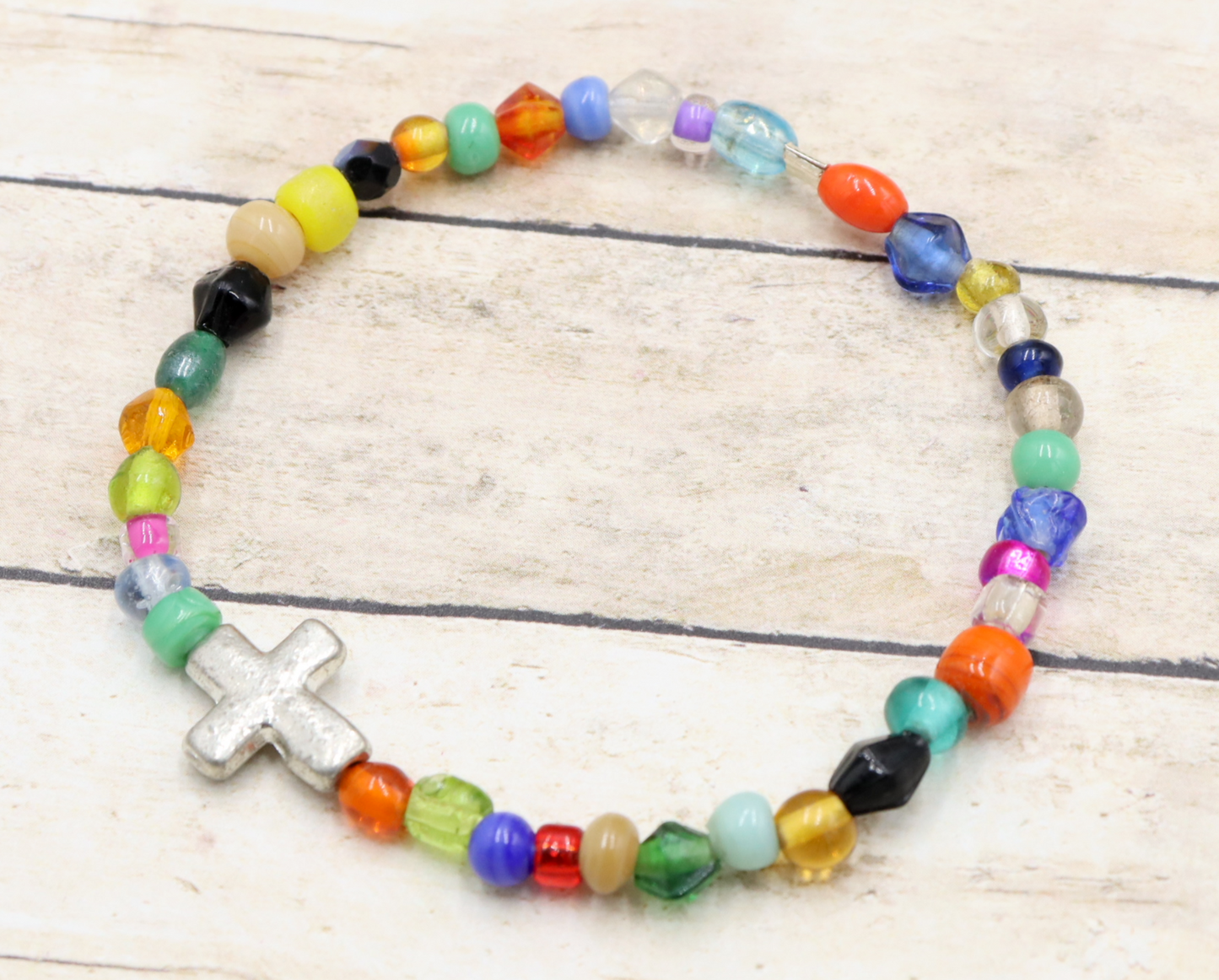 Colorful Joy Artisan Beads and Silver Metallic Cross Stretch Bracelet by Monkey's Mojo