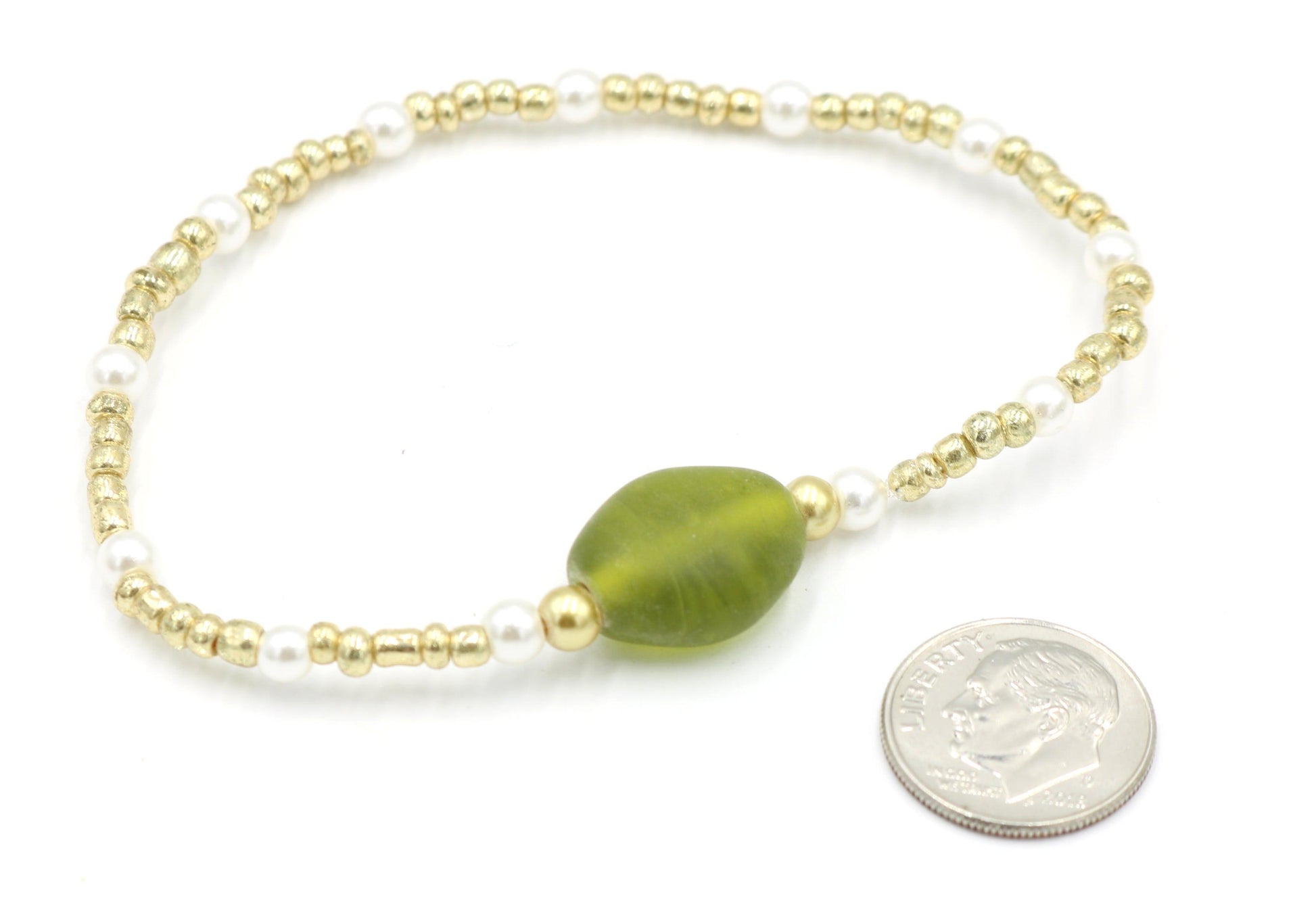 Women's White Pearl Yellow Gold and Green Glass Bracelet - Irish Collection - Monkeysmojo