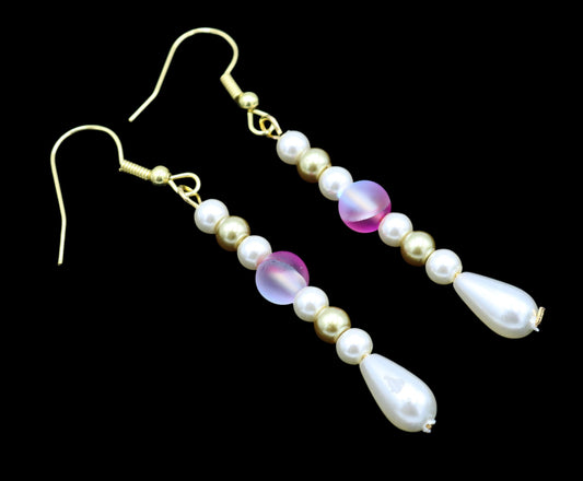 Pink and White Mermaid Delight Glass Pearl and Gold Dangle Earrings - Monkeysmojo