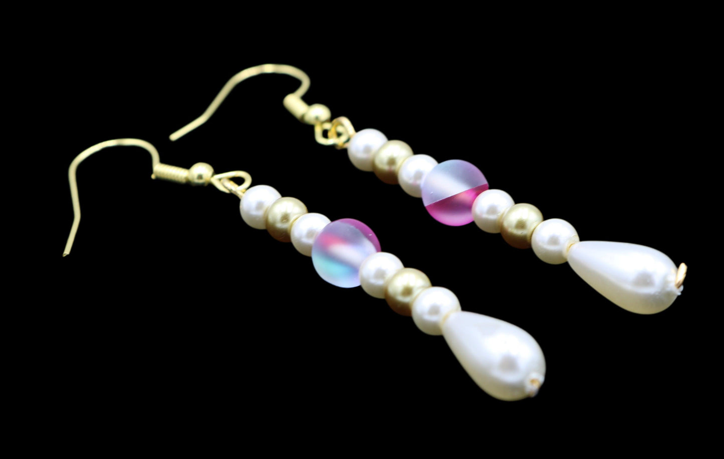 Pink and White Mermaid Delight Glass Pearl and Gold Dangle Earrings - Monkeysmojo