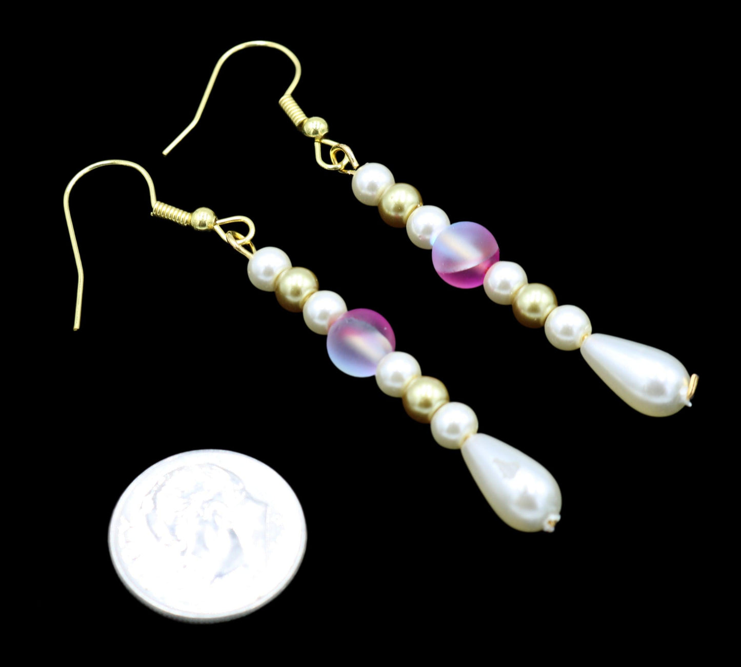 Pink and White Mermaid Delight Glass Pearl and Gold Dangle Earrings - Monkeysmojo