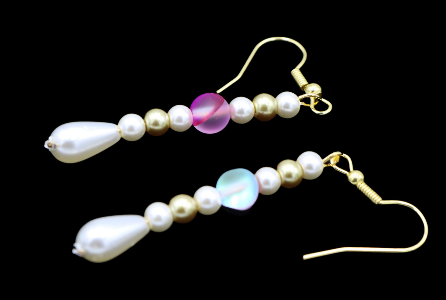 Pink and White Mermaid Delight Glass Pearl and Gold Dangle Earrings - Monkeysmojo