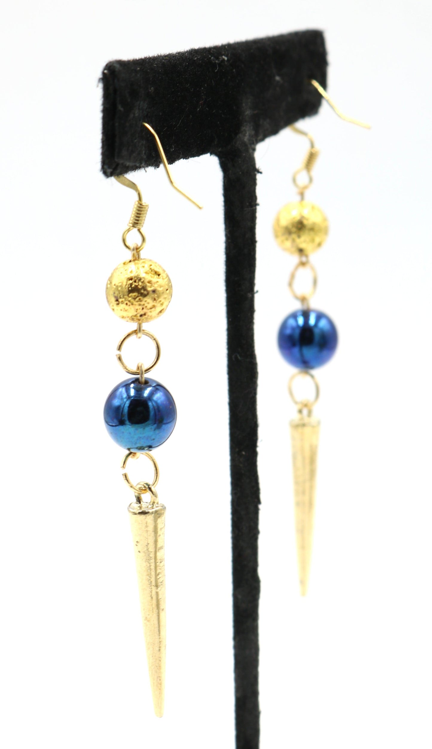 Elegant Punk Yellow Gold and Metallic Blue Spike Earrings - Monkeysmojo