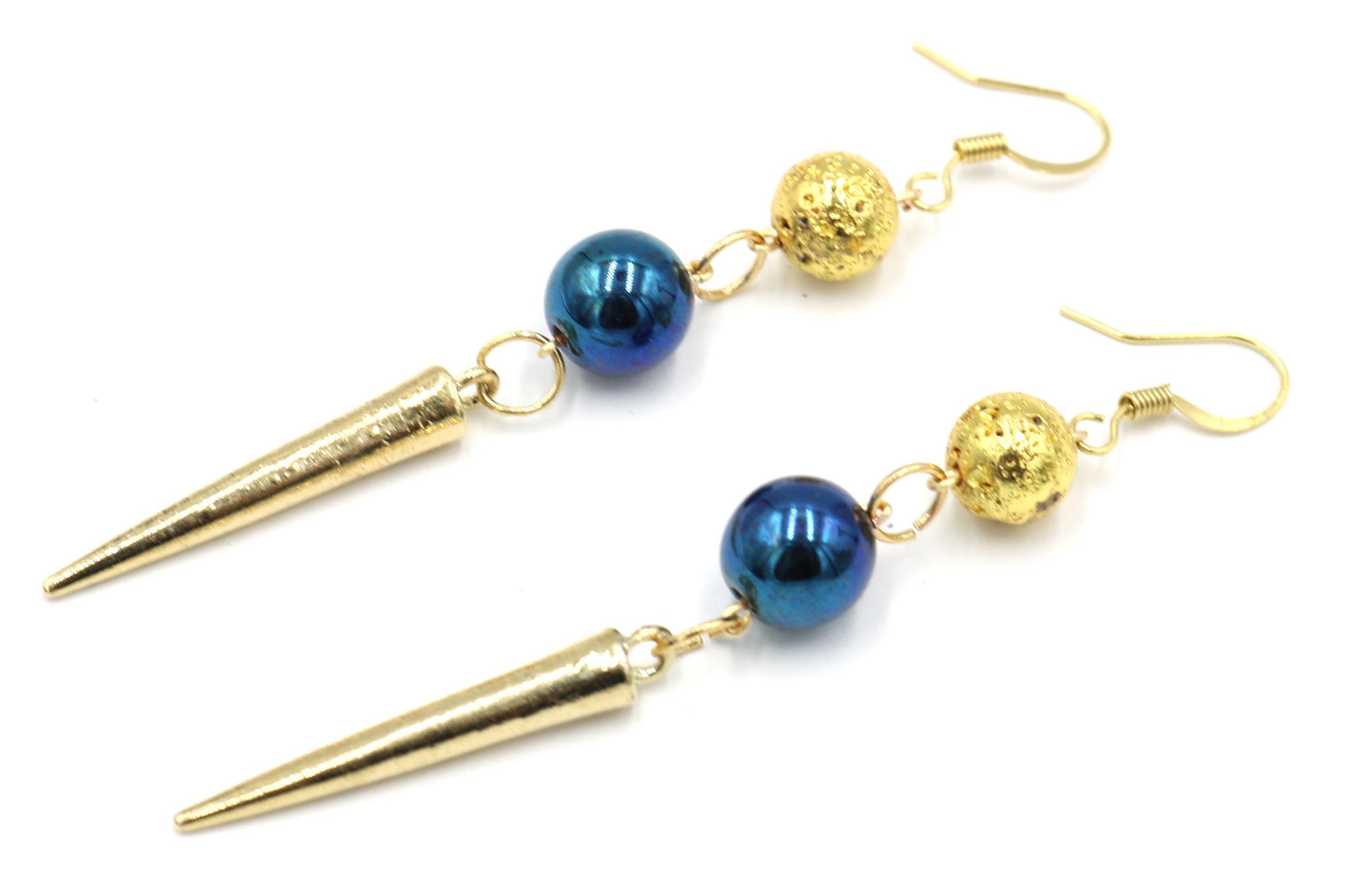 Elegant Punk Yellow Gold and Metallic Blue Spike Earrings - Monkeysmojo