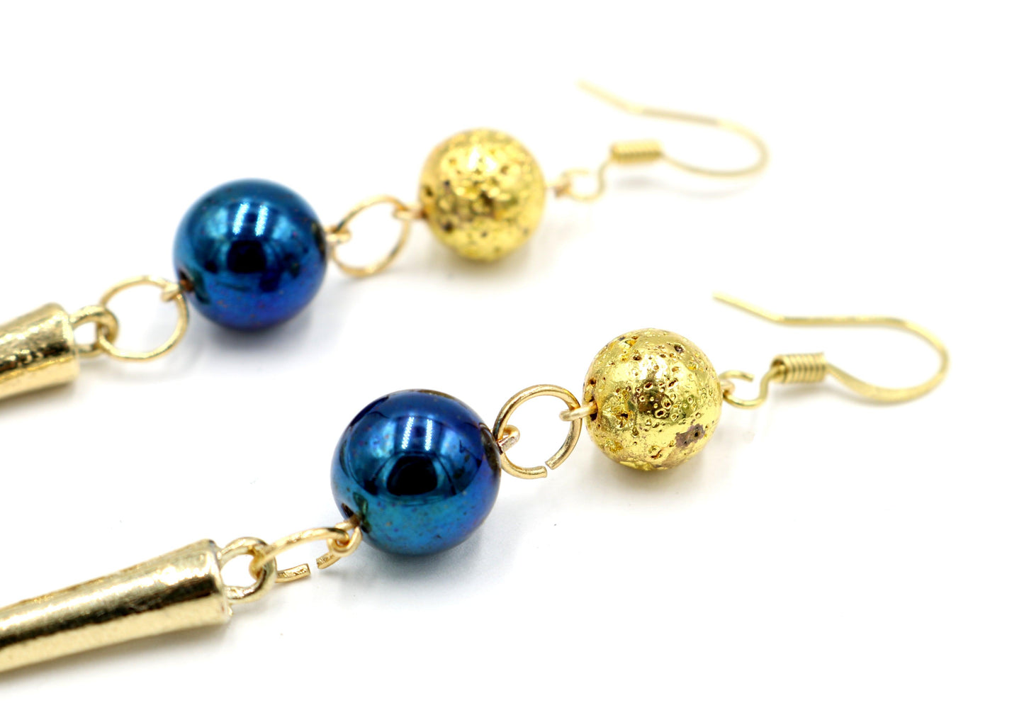 Elegant Punk Yellow Gold and Metallic Blue Spike Earrings - Monkeysmojo