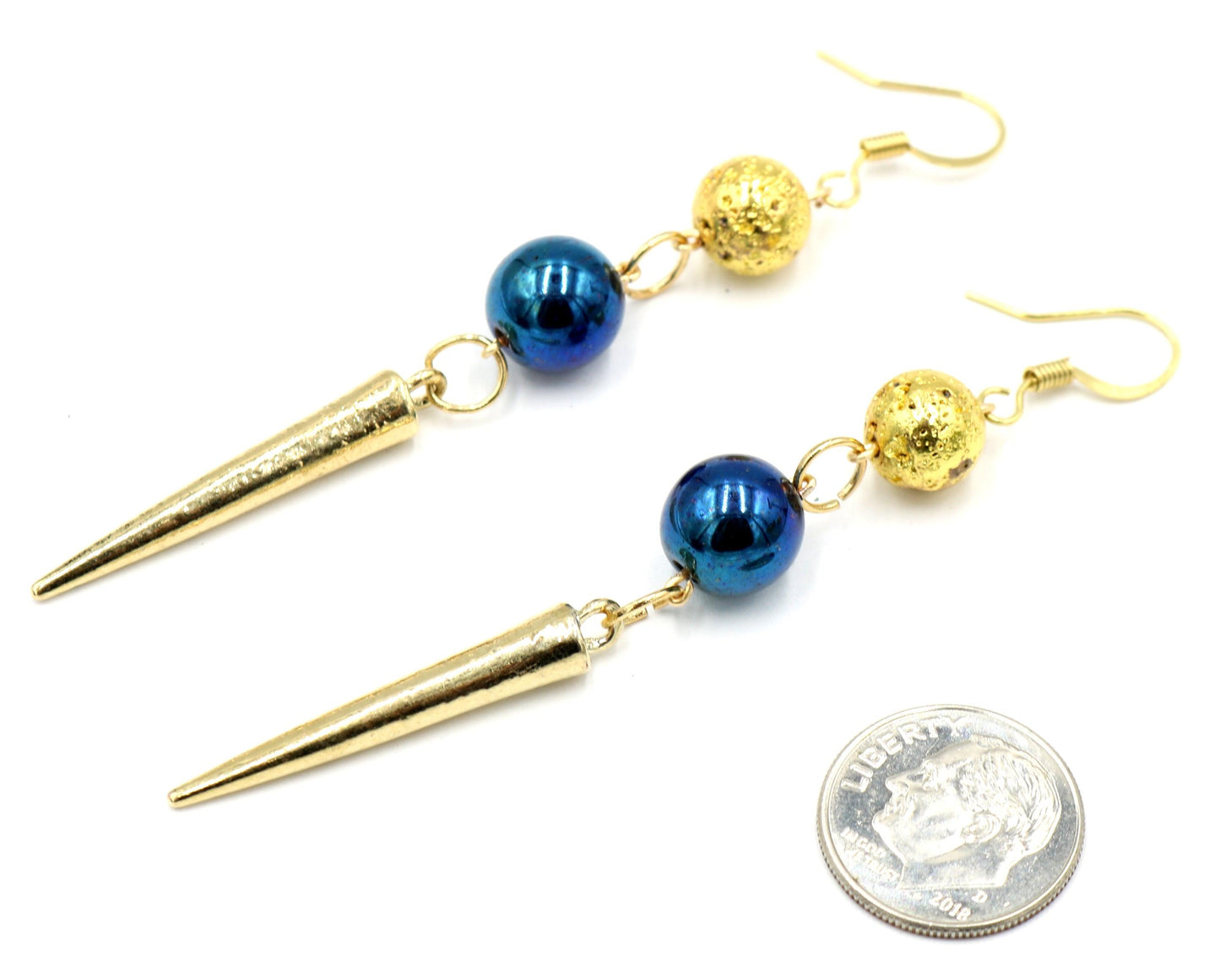 Elegant Punk Yellow Gold and Metallic Blue Spike Earrings - Monkeysmojo