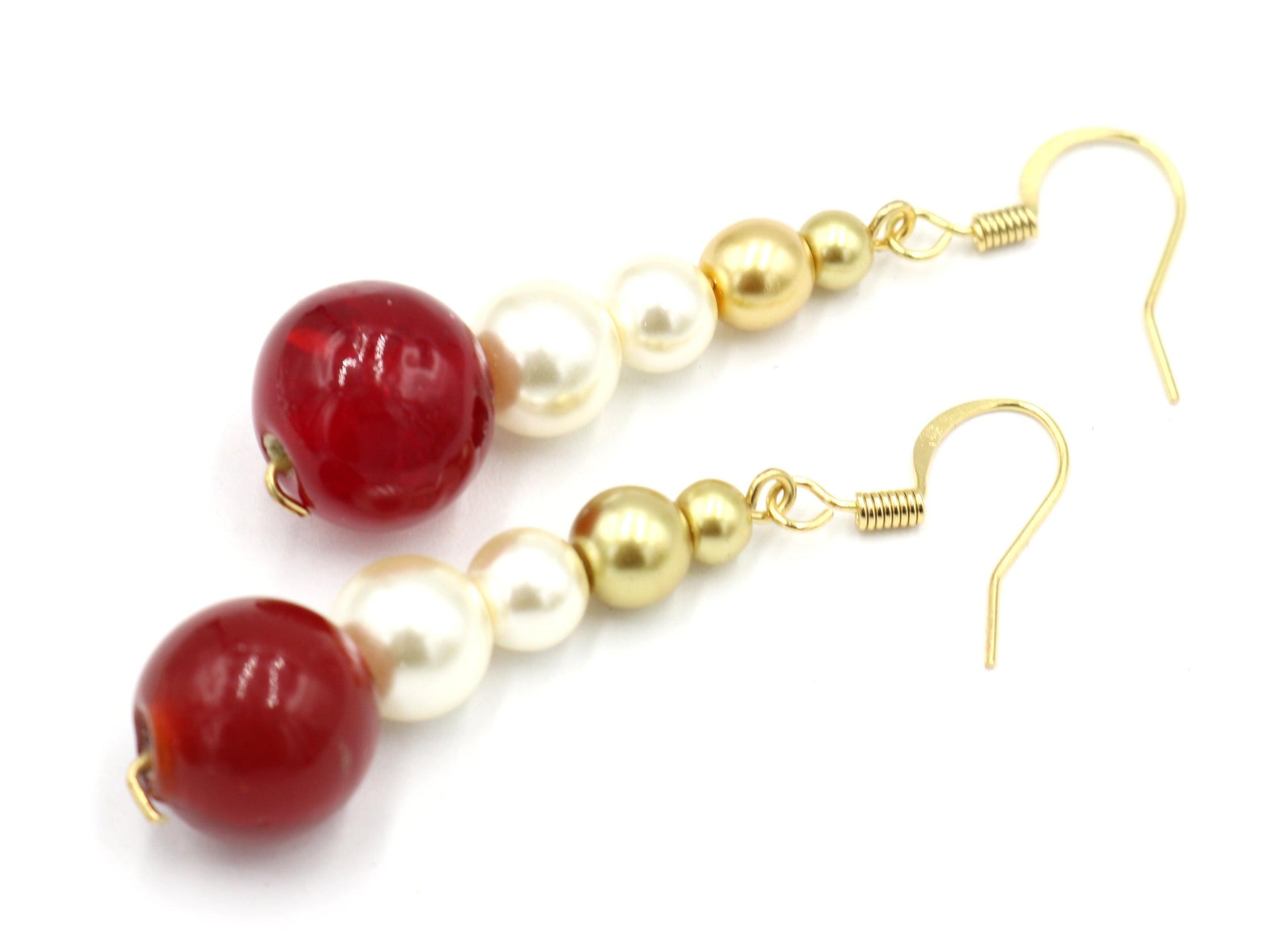 Cherry Delicious Bright Red Beads with Glass Pearl and Yellow Gold Toned Earrings - Monkeysmojo