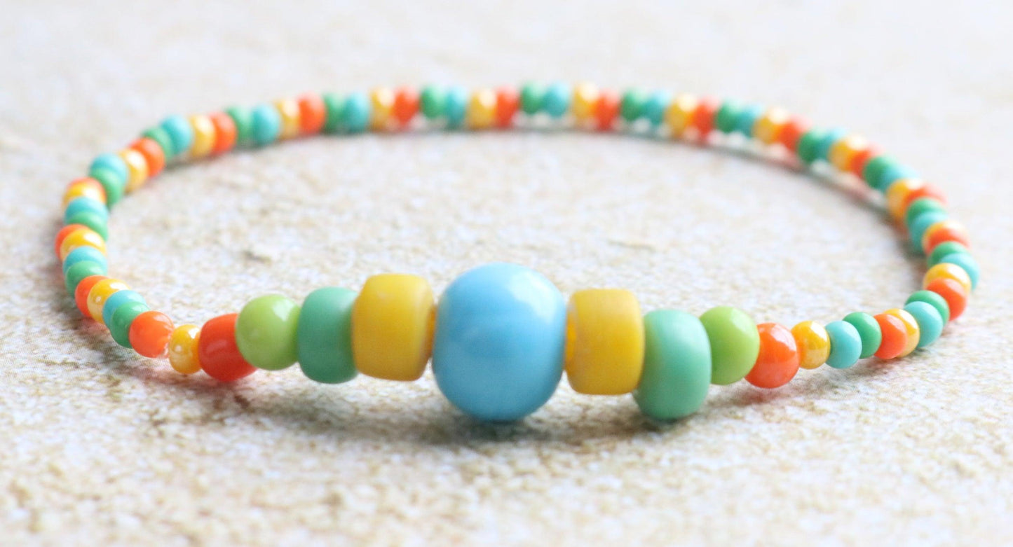 Tropical Vibes Bright Summer Blue, Yellow, Green, and Orange Glass Bracelet - Monkeysmojo