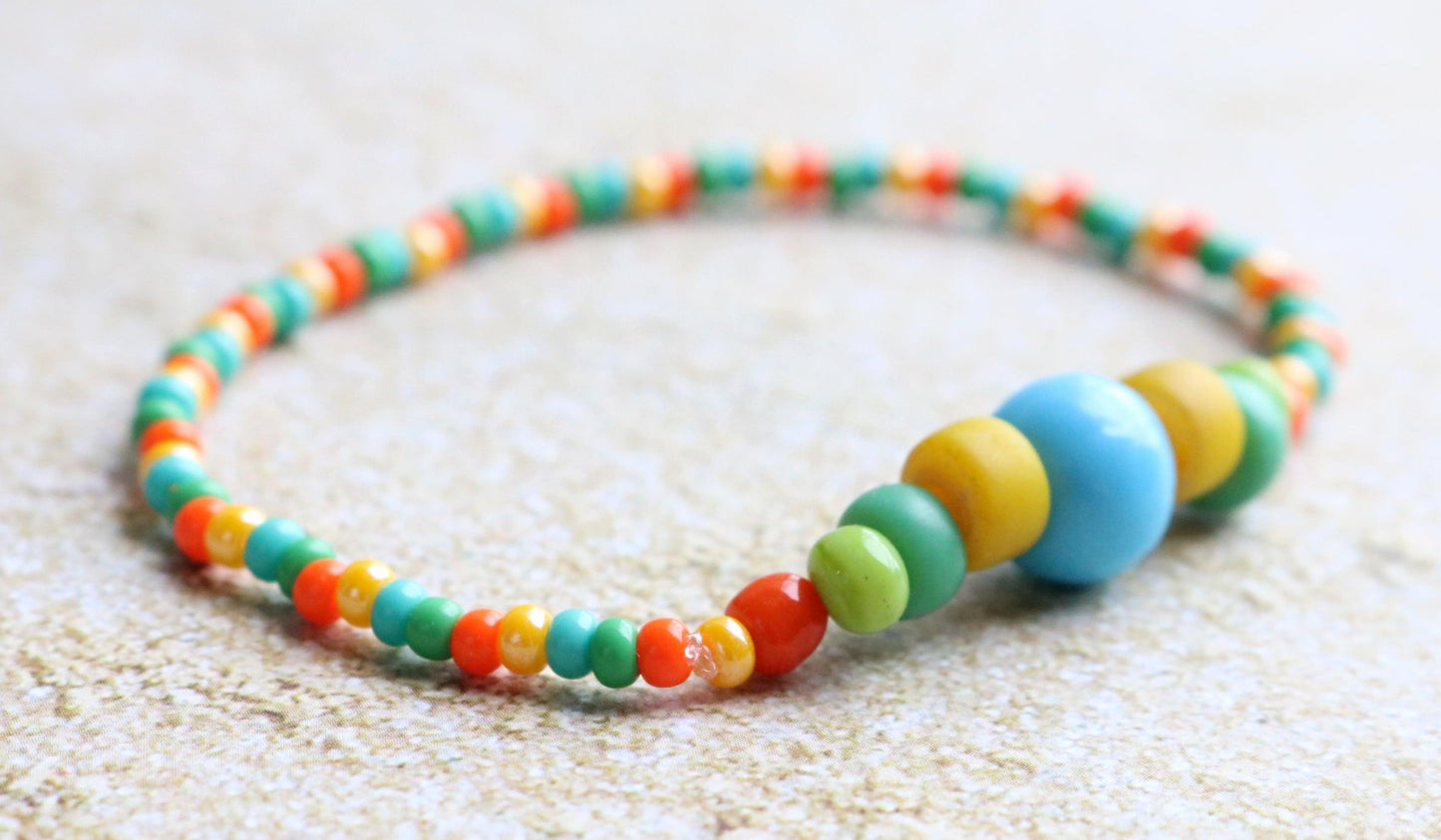 Tropical Vibes Bright Summer Blue, Yellow, Green, and Orange Glass Bracelet - Monkeysmojo