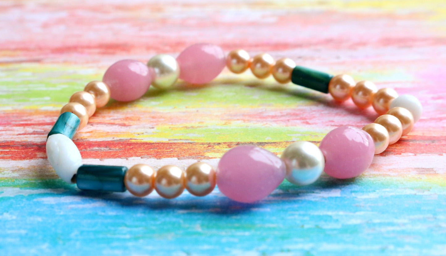 Roses and Pearls - Pink, Gold, and Green Wearable Abstract Art Glass Bracelet - Monkeysmojo