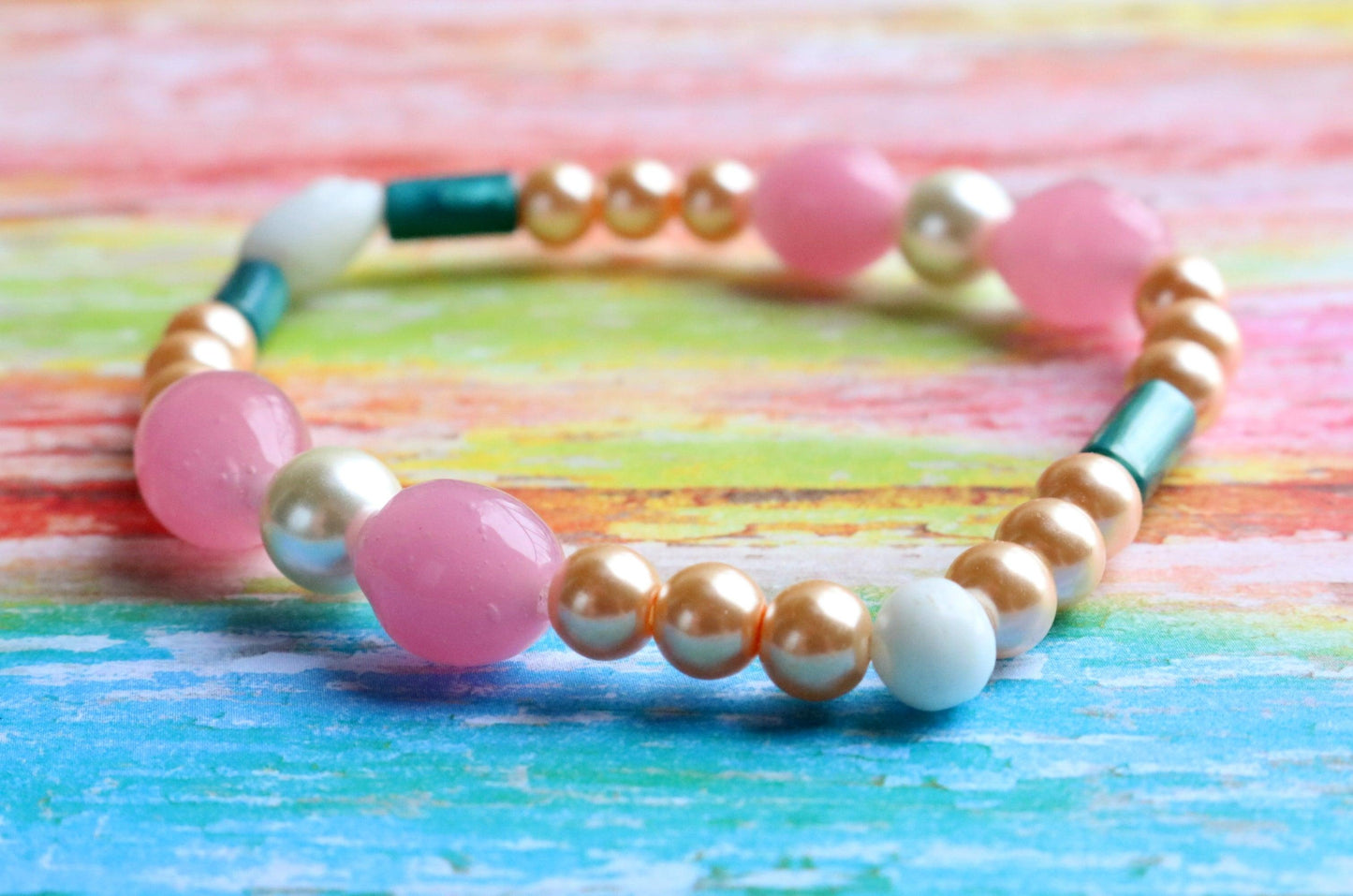 Roses and Pearls - Pink, Gold, and Green Wearable Abstract Art Glass Bracelet - Monkeysmojo