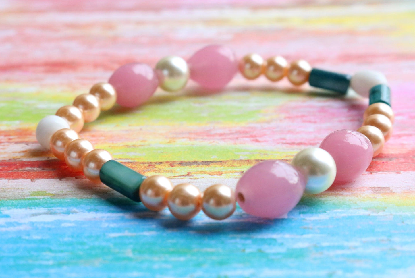 Roses and Pearls - Pink, Gold, and Green Wearable Abstract Art Glass Bracelet - Monkeysmojo