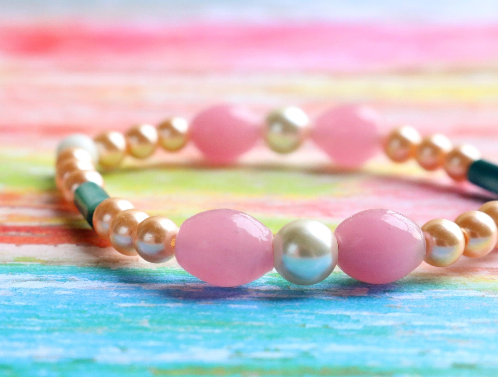 Roses and Pearls - Pink, Gold, and Green Wearable Abstract Art Glass Bracelet - Monkeysmojo