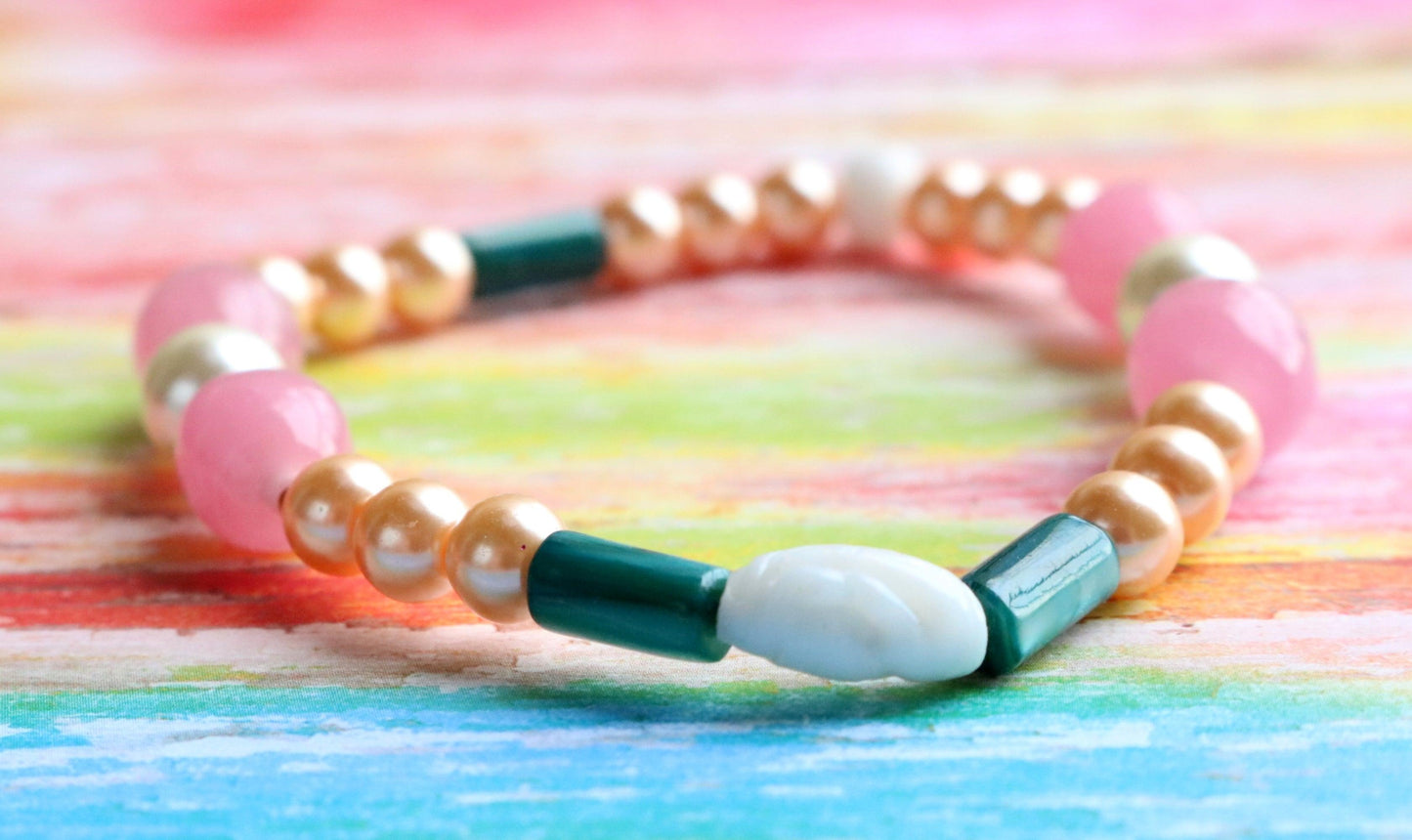 Roses and Pearls - Pink, Gold, and Green Wearable Abstract Art Glass Bracelet - Monkeysmojo