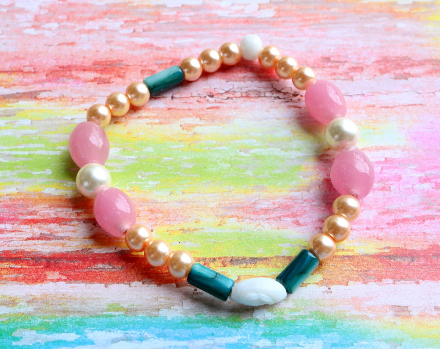 Roses and Pearls - Pink, Gold, and Green Wearable Abstract Art Glass Bracelet - Monkeysmojo