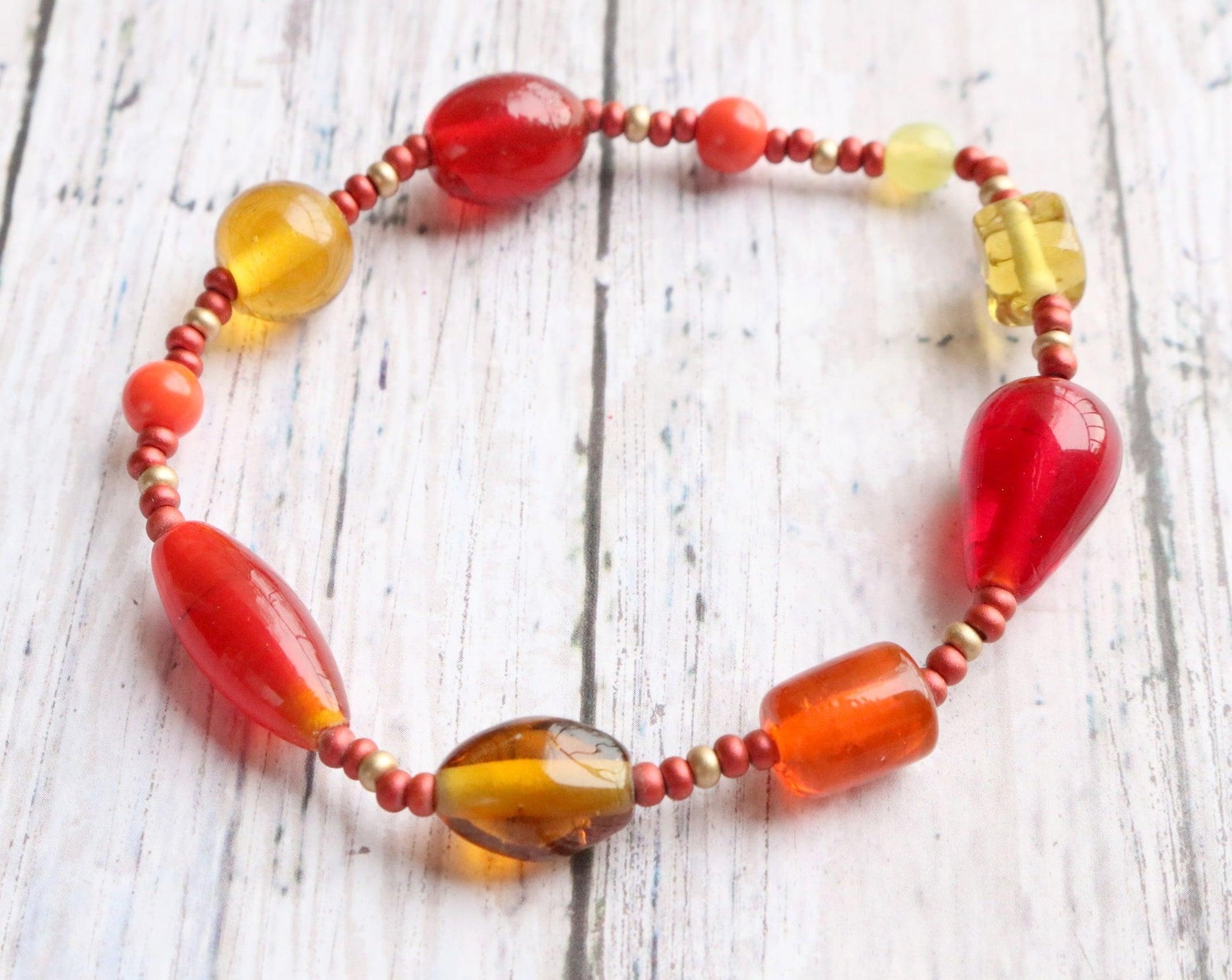 Great Red Hued Balls of Fire Bracelet - Artisan Glass Bead Red, Orange, and Yellow Bracelet - Monkeysmojo