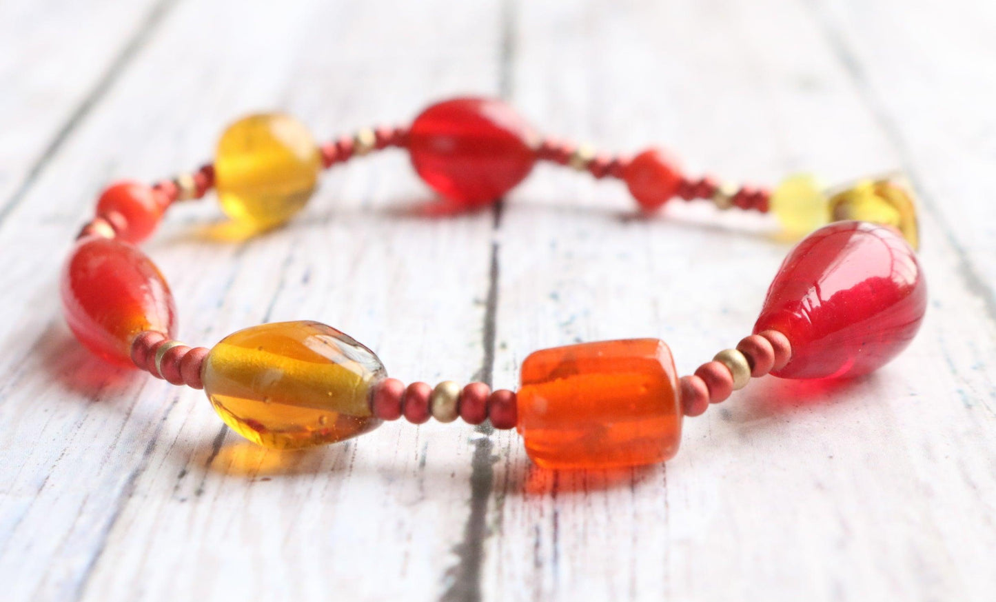 Great Red Hued Balls of Fire Bracelet - Artisan Glass Bead Red, Orange, and Yellow Bracelet - Monkeysmojo