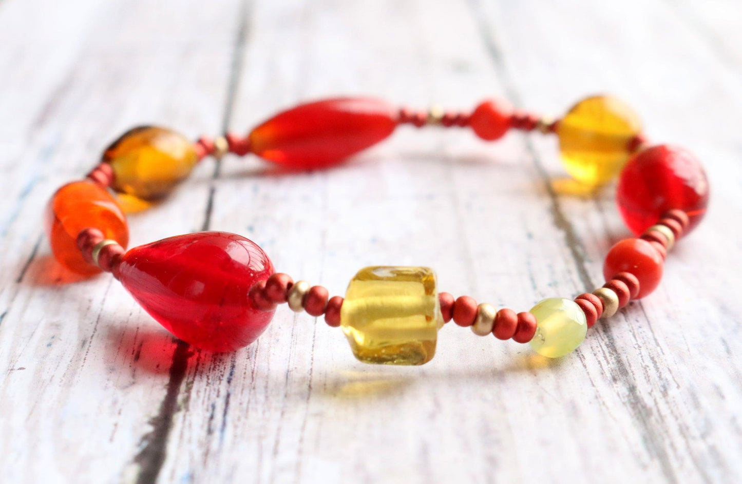 Great Red Hued Balls of Fire Bracelet - Artisan Glass Bead Red, Orange, and Yellow Bracelet - Monkeysmojo