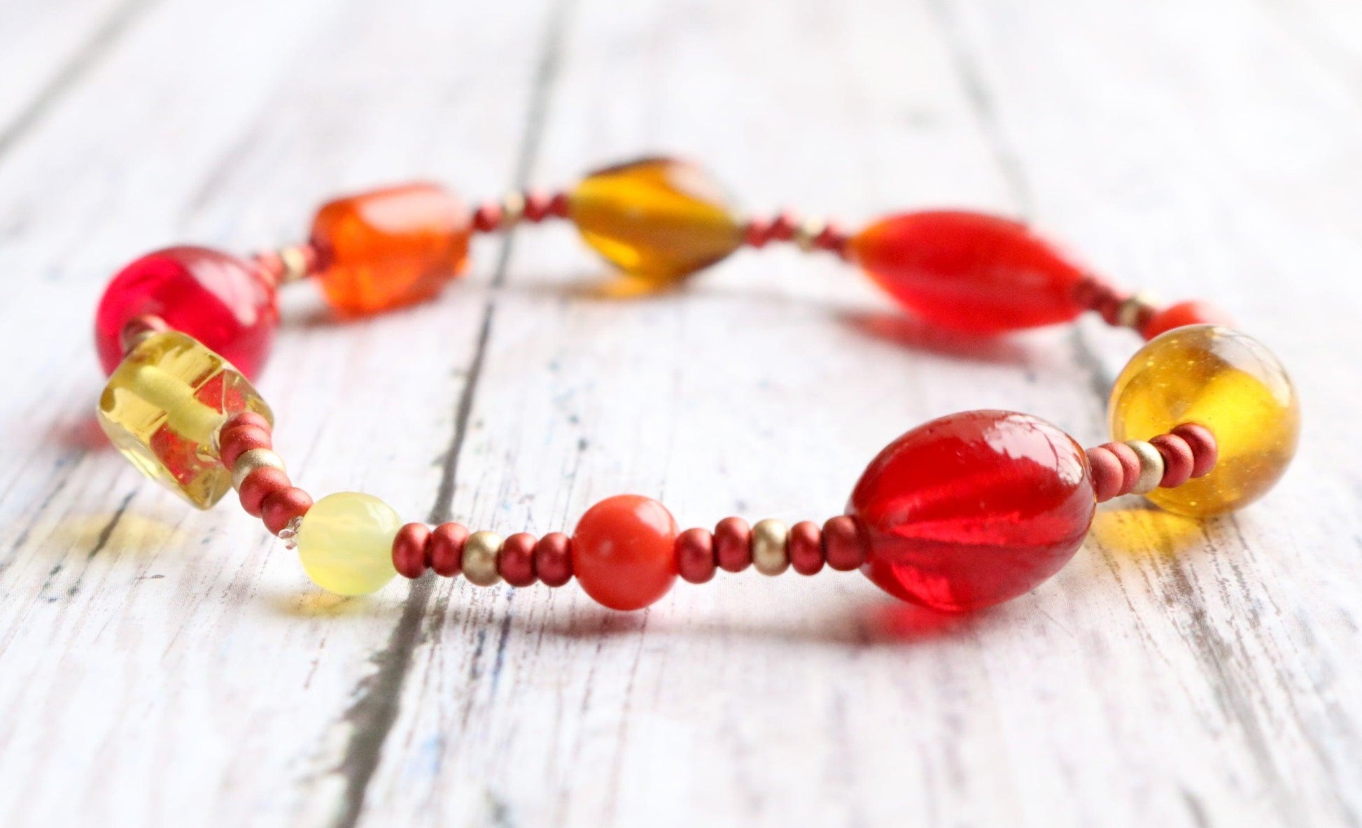 Great Red Hued Balls of Fire Bracelet - Artisan Glass Bead Red, Orange, and Yellow Bracelet - Monkeysmojo