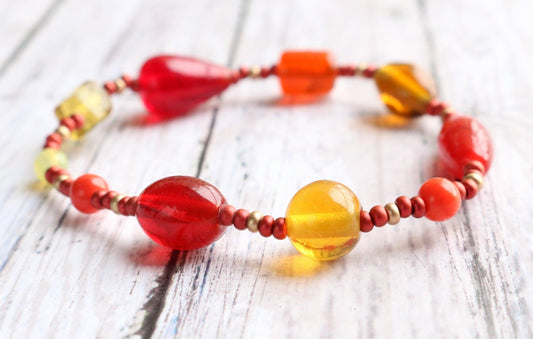 Great Red Hued Balls of Fire Bracelet - Artisan Glass Bead Red, Orange, and Yellow Bracelet - Monkeysmojo