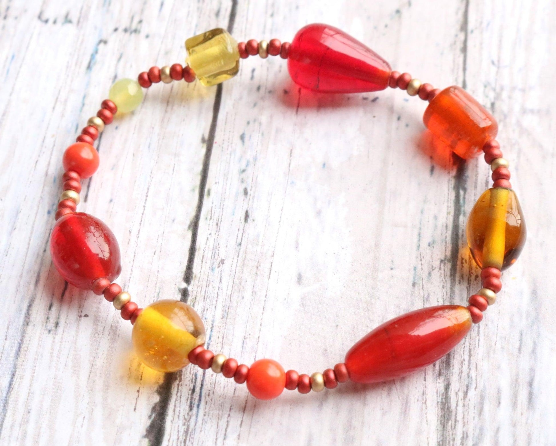 Great Red Hued Balls of Fire Bracelet - Artisan Glass Bead Red, Orange, and Yellow Bracelet - Monkeysmojo