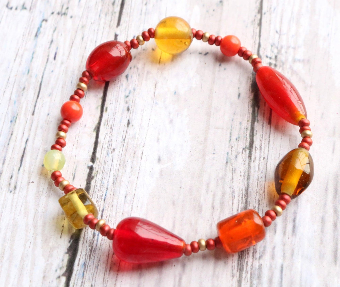 Great Red Hued Balls of Fire Bracelet - Artisan Glass Bead Red, Orange, and Yellow Bracelet - Monkeysmojo