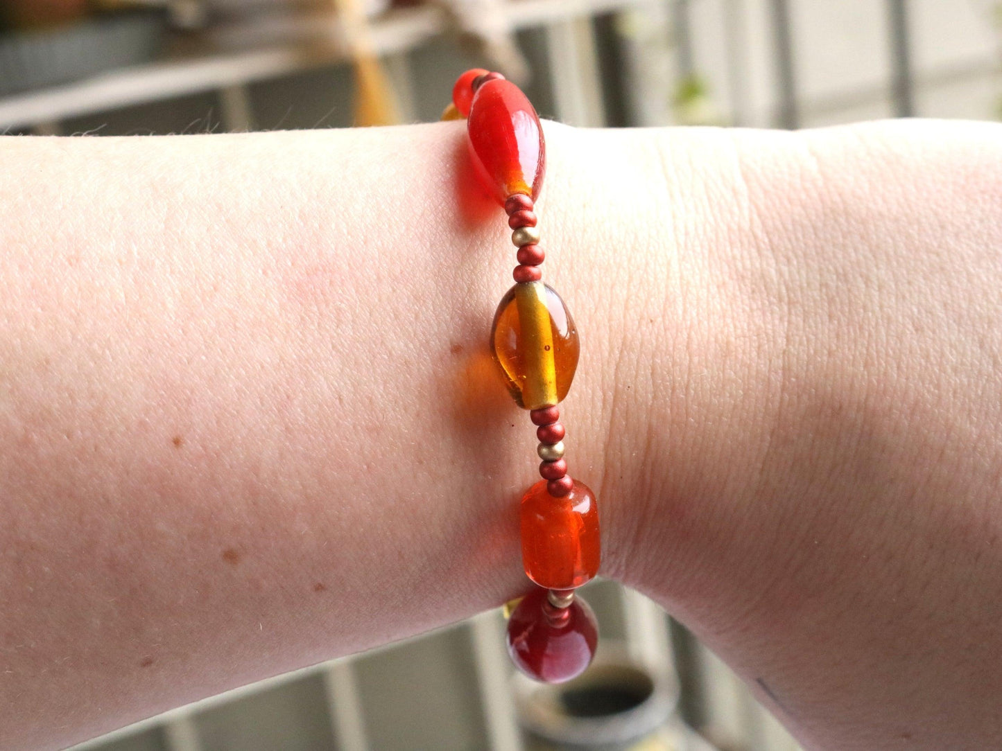 Great Red Hued Balls of Fire Bracelet - Artisan Glass Bead Red, Orange, and Yellow Bracelet - Monkeysmojo