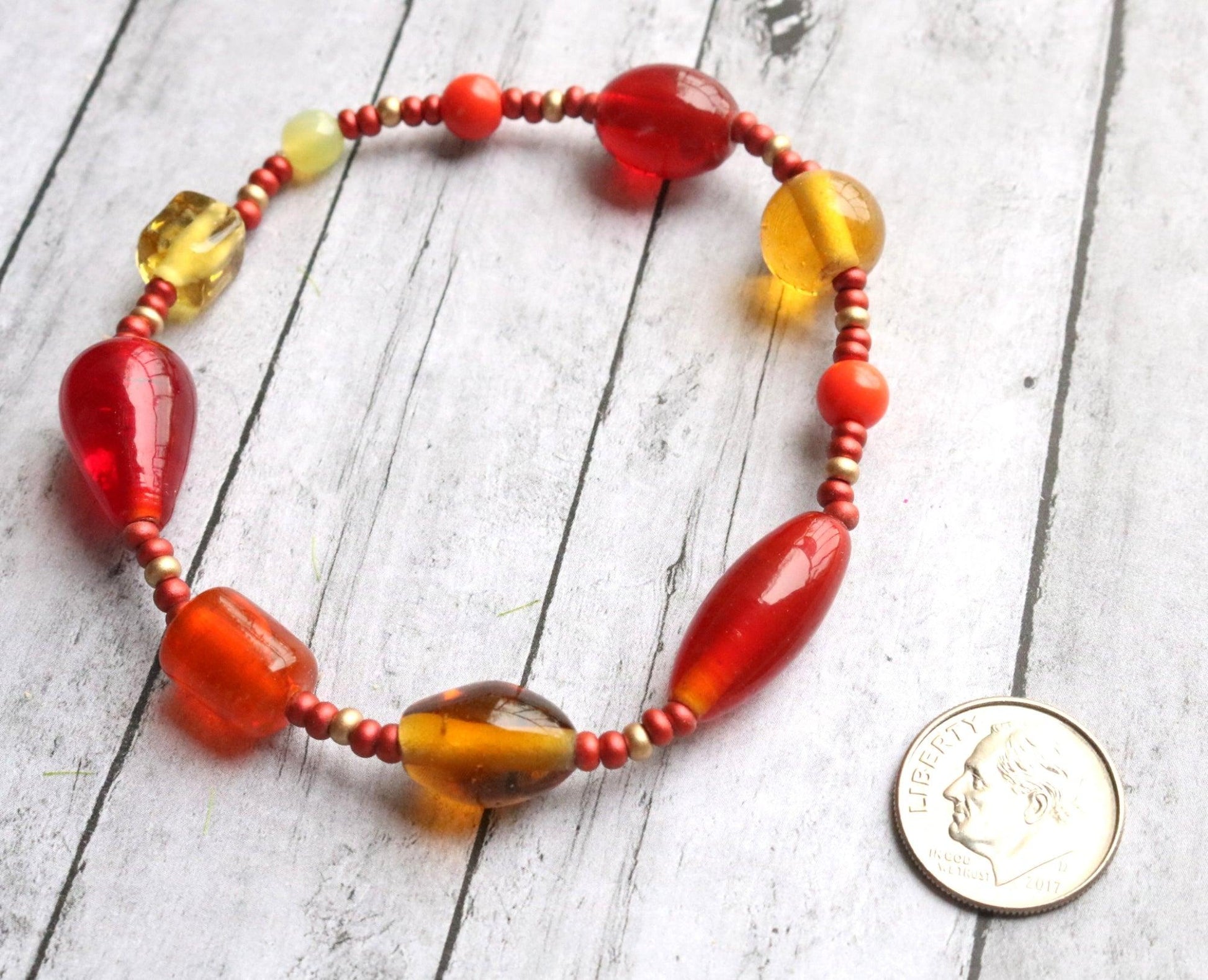 Great Red Hued Balls of Fire Bracelet - Artisan Glass Bead Red, Orange, and Yellow Bracelet - Monkeysmojo