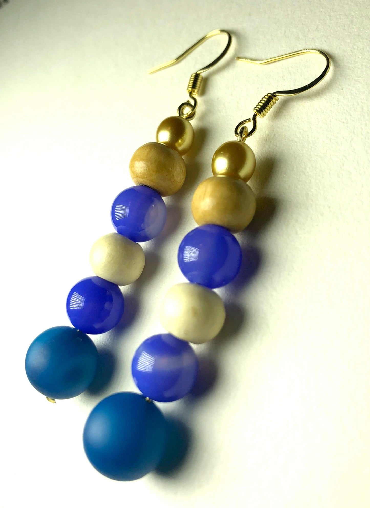 Land Meets Sea Deeping Blues and Brown Wood Beads Dangle Earrings - Monkeysmojo