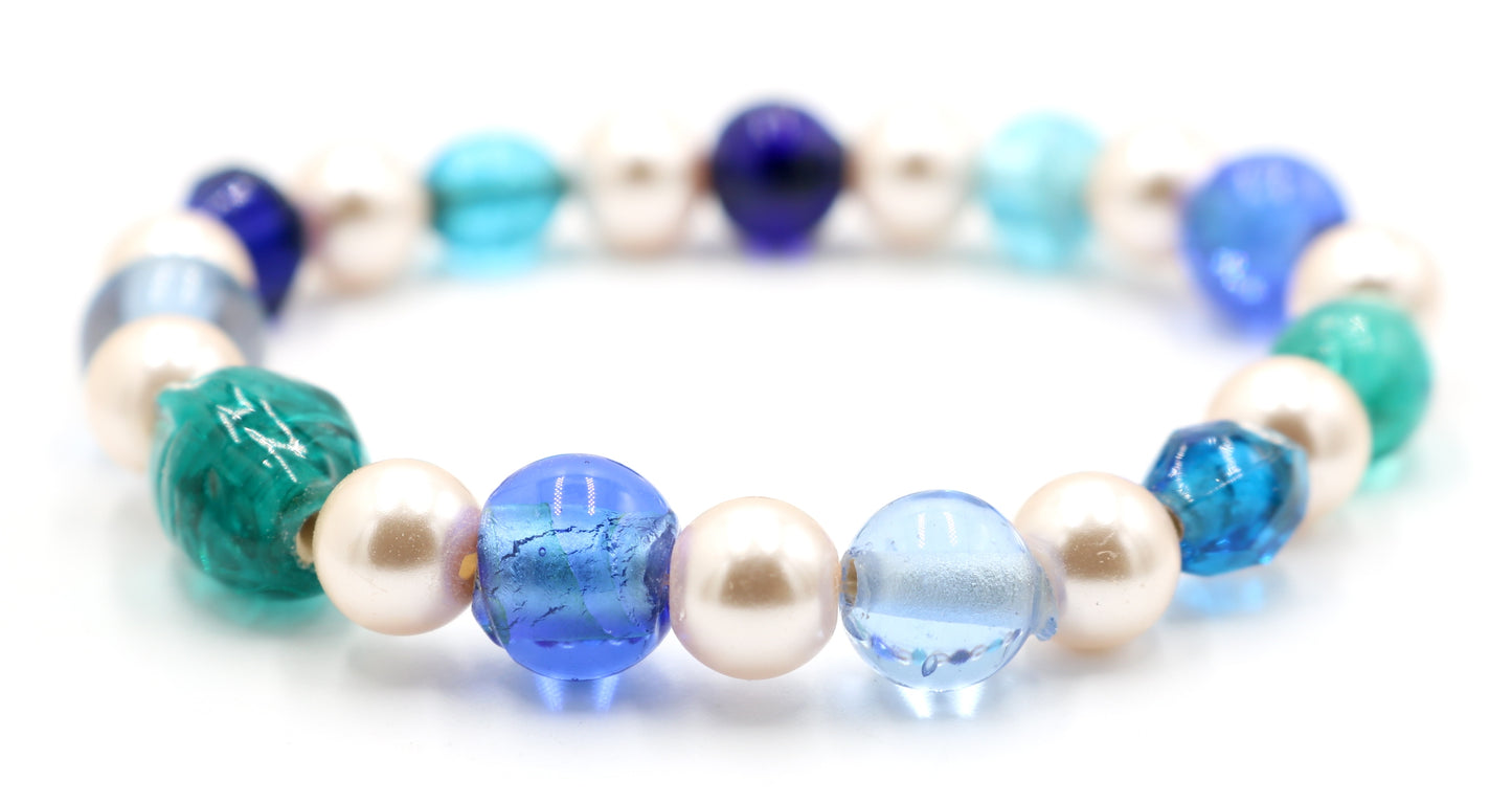 A Pearl in a Blue Sea - On by Pearl and Two by Sea Glass Women's Stretch Bracelet by Monkey's Mojo