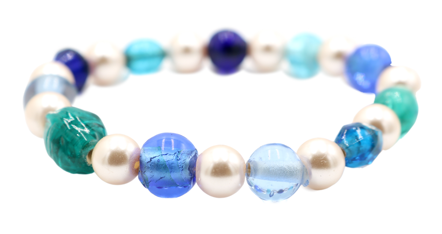 A Pearl in a Blue Sea - On by Pearl and Two by Sea Glass Women's Stretch Bracelet by Monkey's Mojo