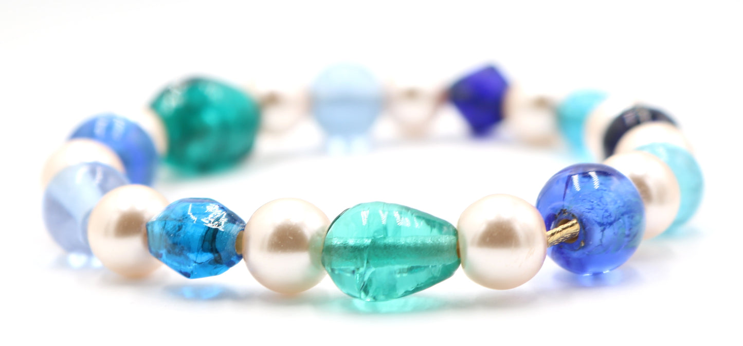 A Pearl in a Blue Sea - On by Pearl and Two by Sea Glass Women's Stretch Bracelet by Monkey's Mojo