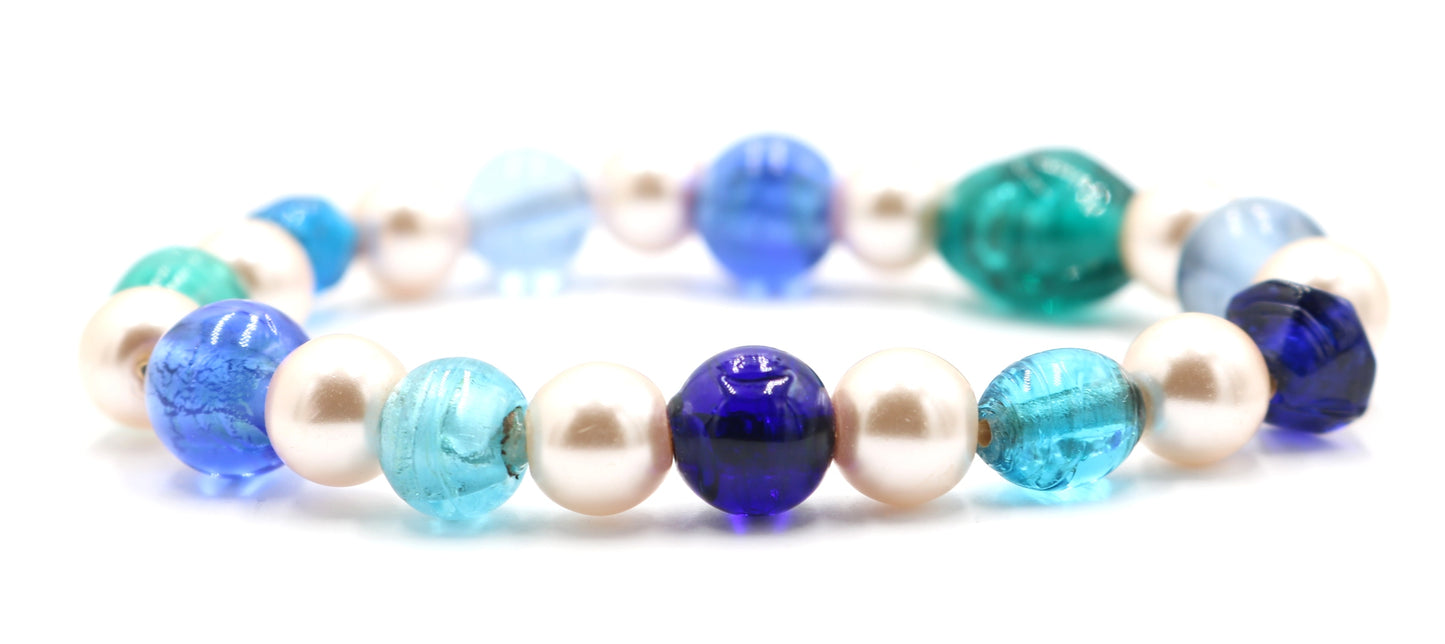 A Pearl in a Blue Sea - On by Pearl and Two by Sea Glass Women's Stretch Bracelet by Monkey's Mojo