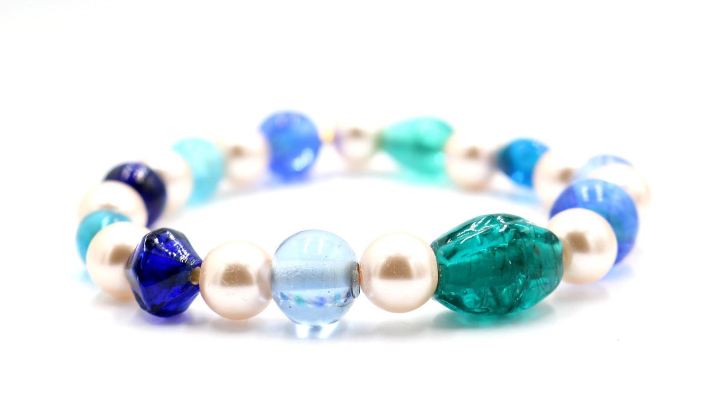 A Pearl in a Blue Sea - On by Pearl and Two by Sea Glass Women's Stretch Bracelet by Monkey's Mojo