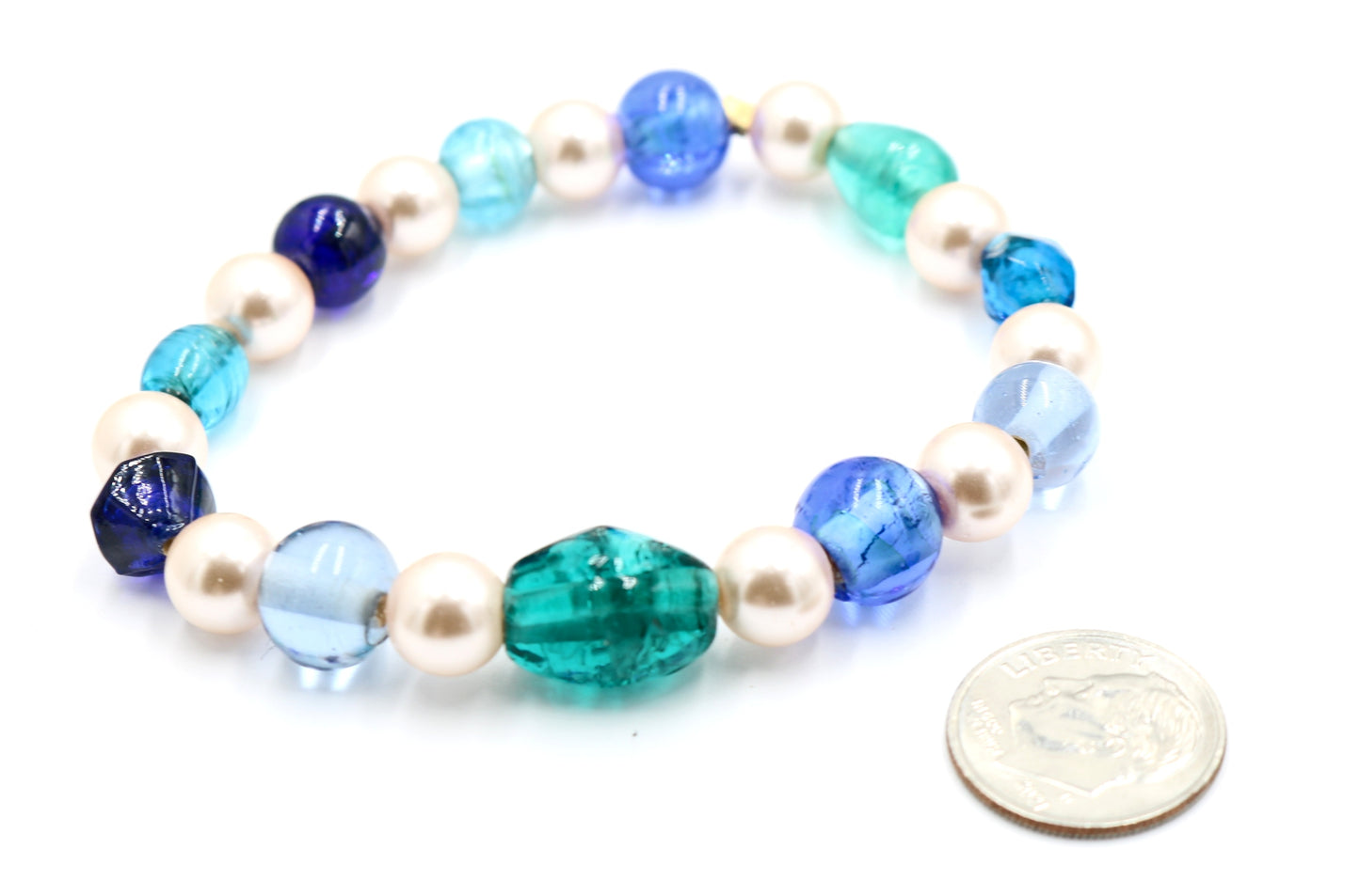 A Pearl in a Blue Sea - On by Pearl and Two by Sea Glass Women's Stretch Bracelet by Monkey's Mojo