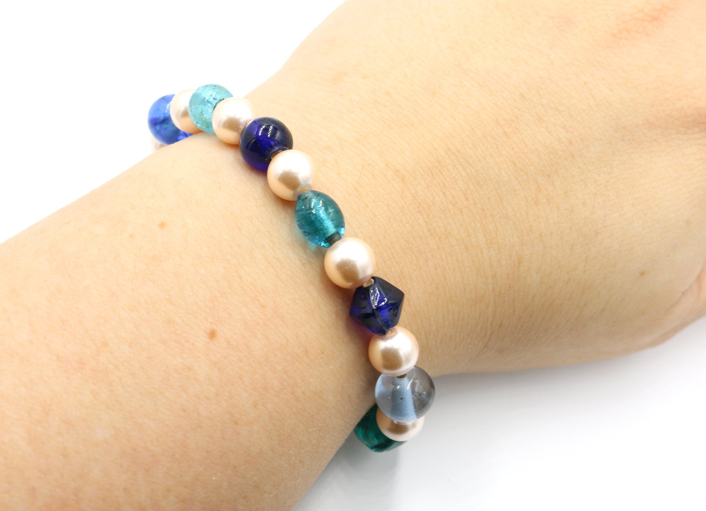 A Pearl in a Blue Sea - On by Pearl and Two by Sea Glass Women's Stretch Bracelet by Monkey's Mojo