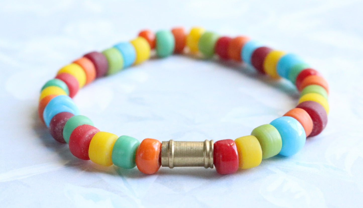 Brass and Colorful Glass Fun Women's Stretch Bracelet - Monkeysmojo