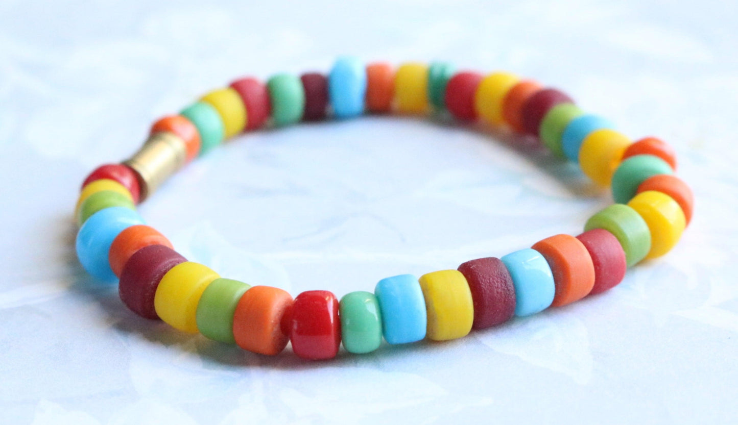 Brass and Colorful Glass Fun Women's Stretch Bracelet - Monkeysmojo