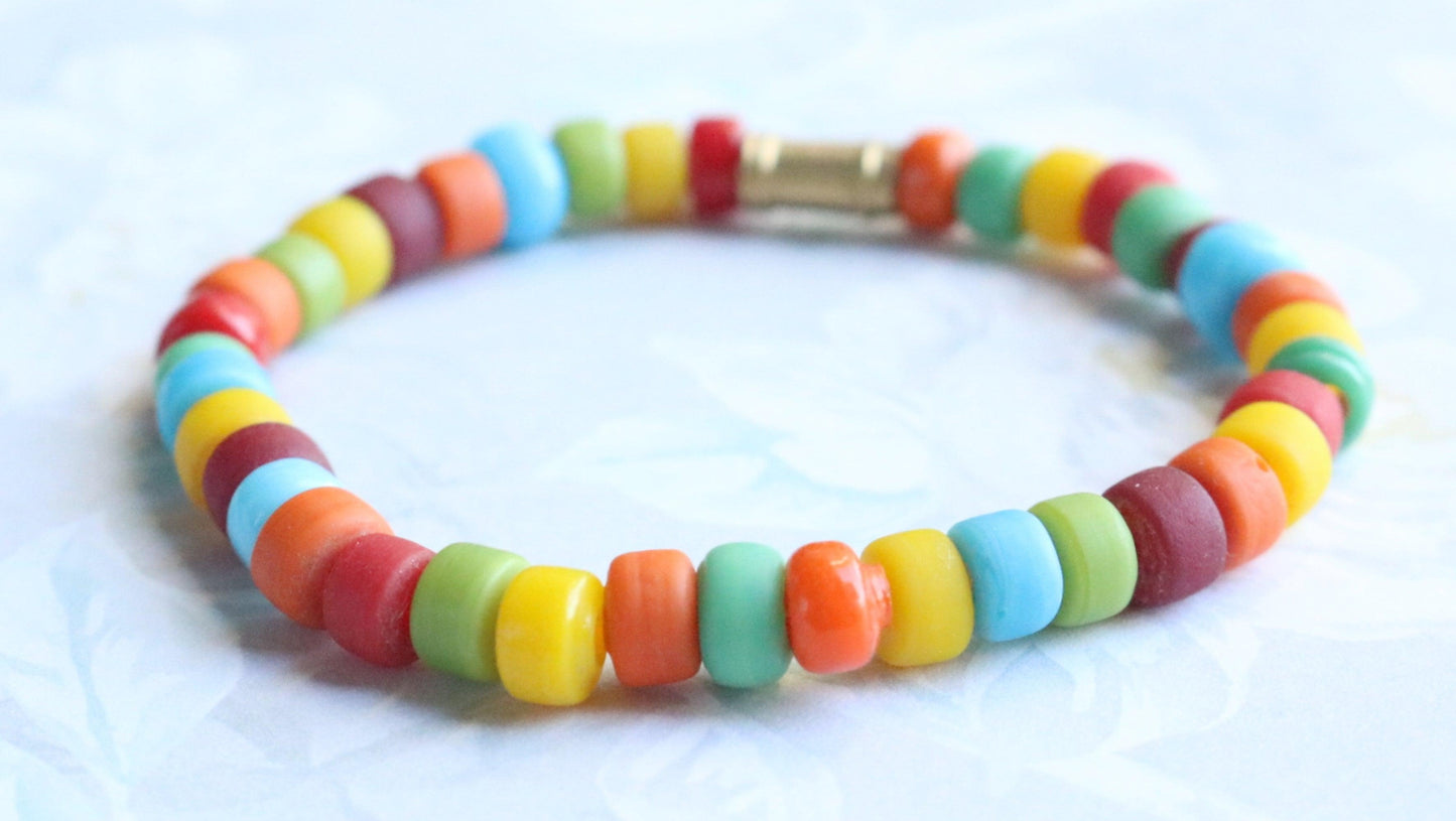 Brass and Colorful Glass Fun Women's Stretch Bracelet - Monkeysmojo