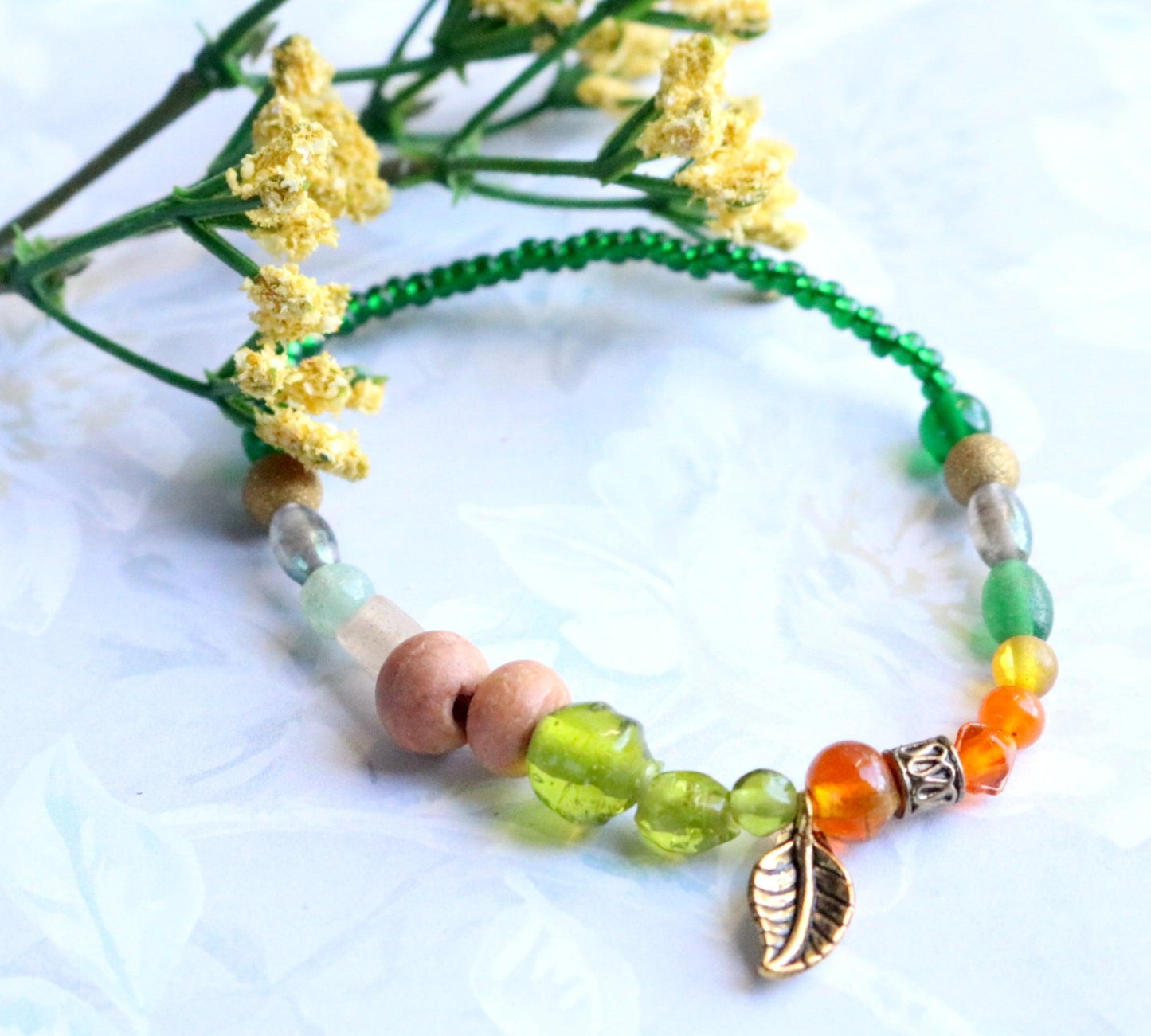 Glass and Wood Earth Bound Green, Orange, and Bronze Leaf Women's Bracelet - Monkeysmojo