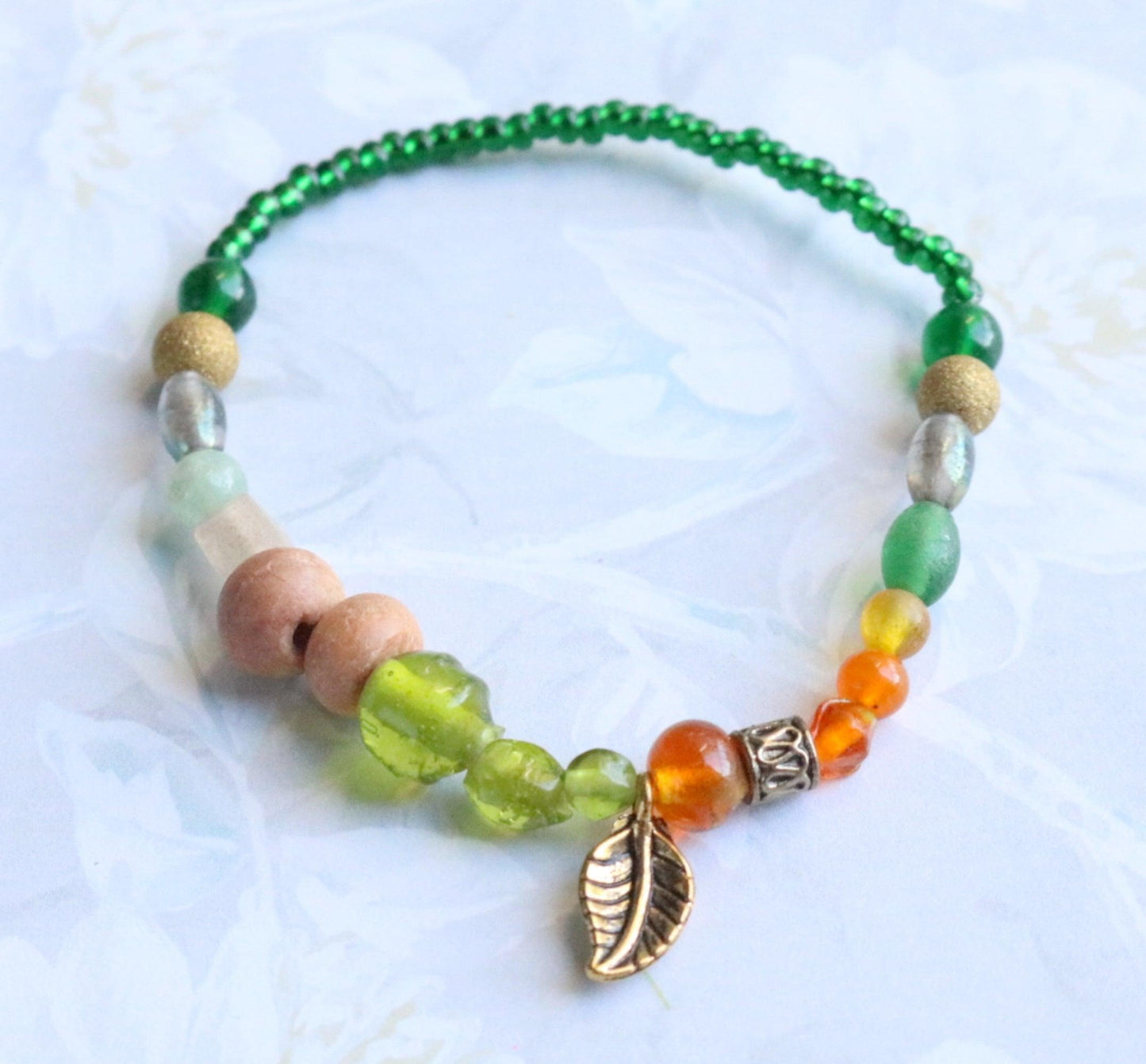 Glass and Wood Earth Bound Green, Orange, and Bronze Leaf Women's Bracelet - Monkeysmojo