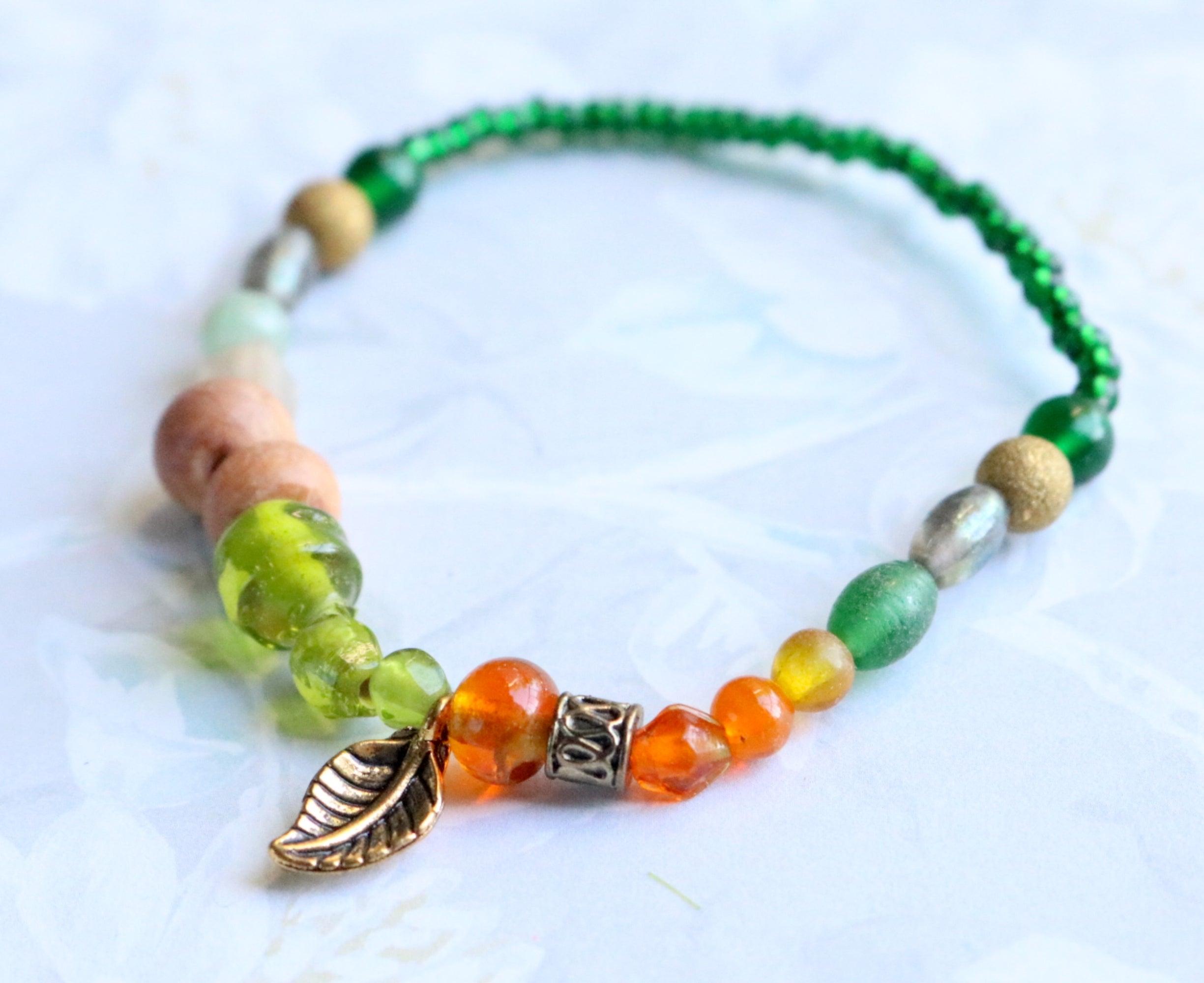 Glass and Wood Earth Bound Green, Orange, and Bronze Leaf Women's Bracelet - Monkeysmojo