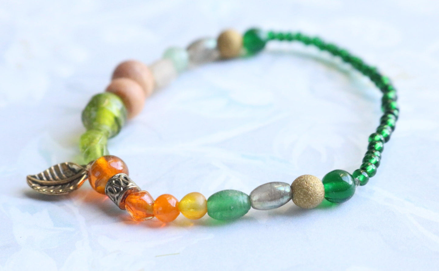 Glass and Wood Earth Bound Green, Orange, and Bronze Leaf Women's Bracelet - Monkeysmojo