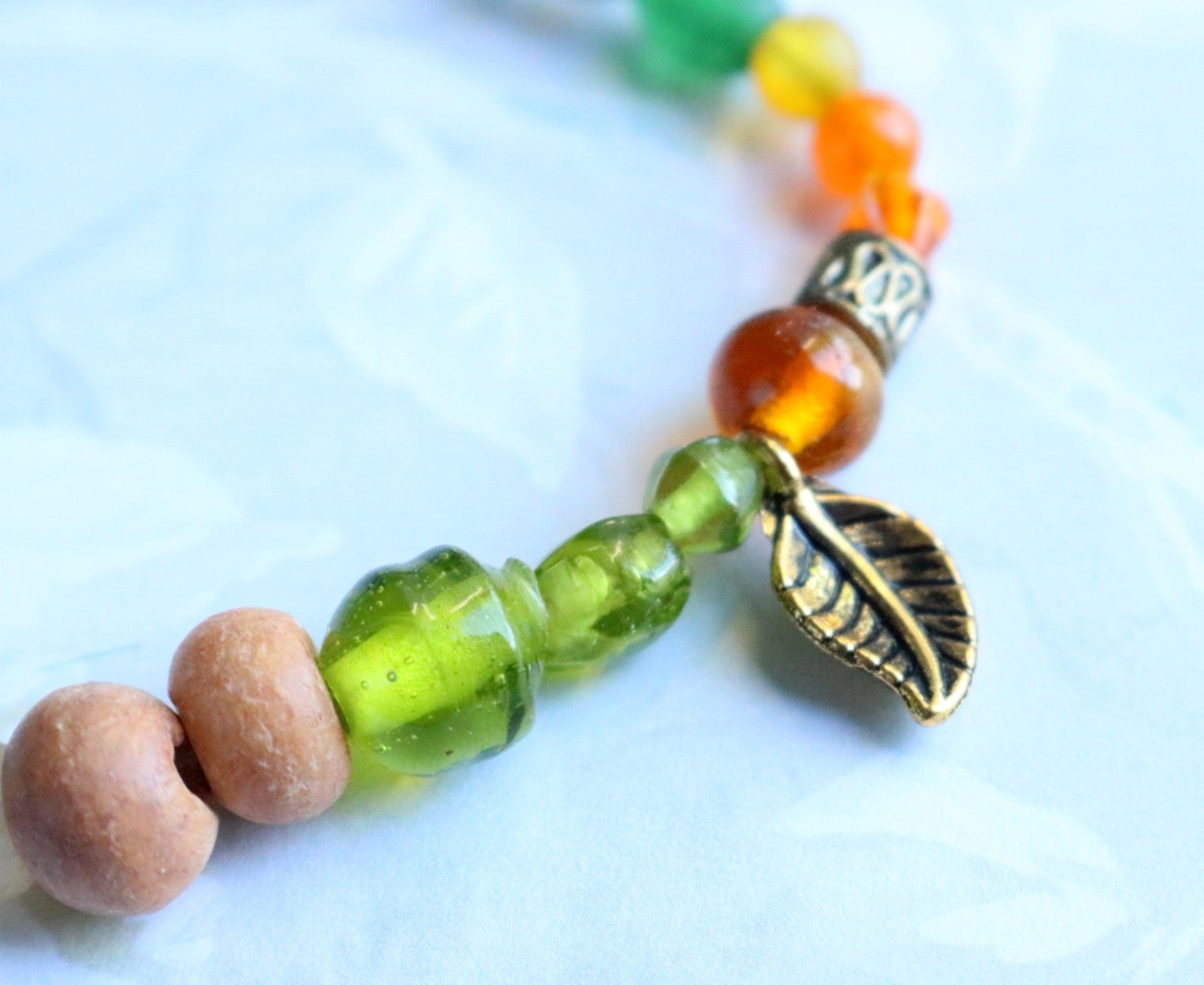 Glass and Wood Earth Bound Green, Orange, and Bronze Leaf Women's Bracelet - Monkeysmojo