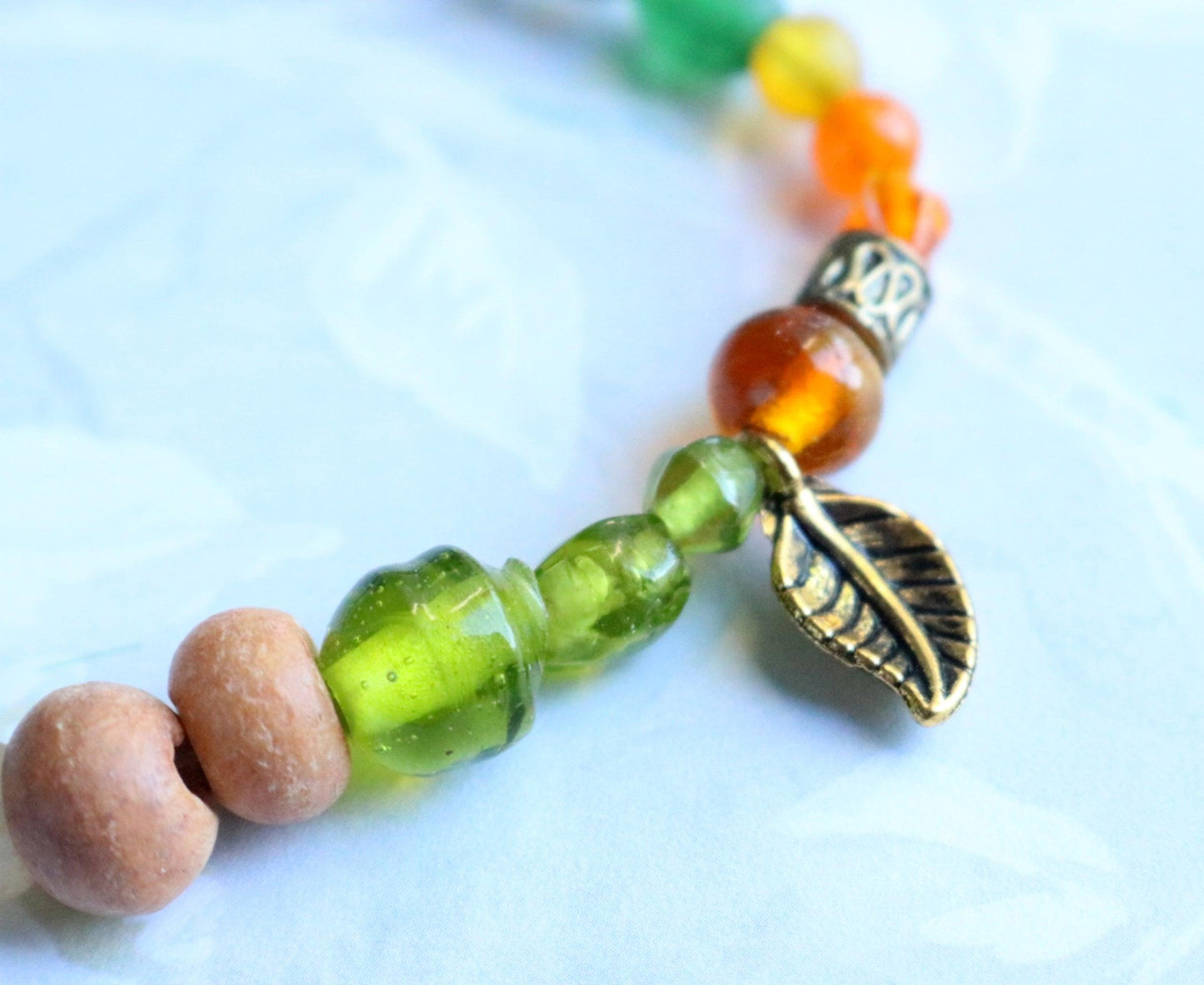 Glass and Wood Earth Bound Green, Orange, and Bronze Leaf Women's Bracelet - Monkeysmojo