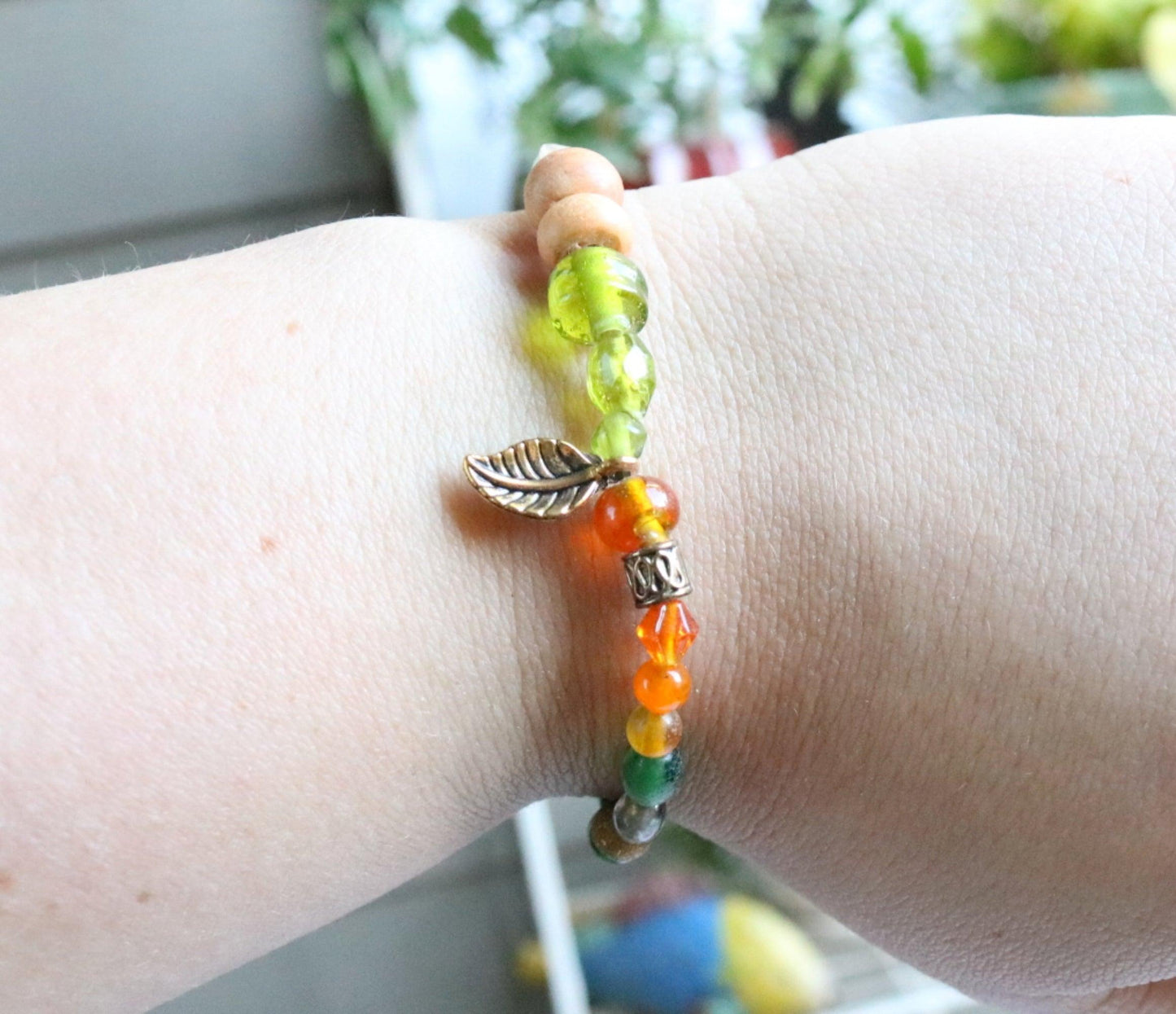 Glass and Wood Earth Bound Green, Orange, and Bronze Leaf Women's Bracelet - Monkeysmojo