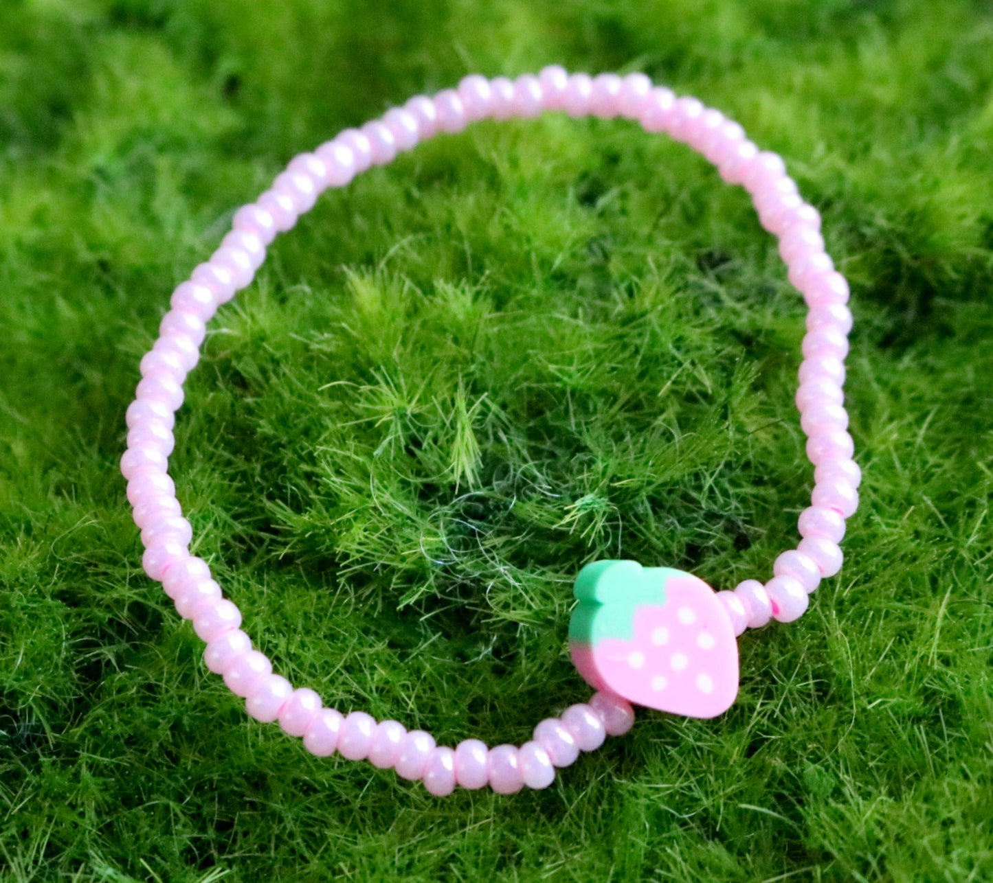 Sweet As A Strawberry - Light Pink Glass Beads and Clay Strawberry Charm Child's Bracelet - Monkeysmojo