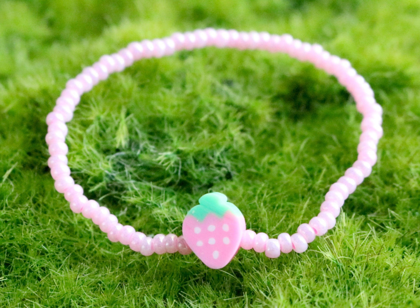 Sweet As A Strawberry - Light Pink Glass Beads and Clay Strawberry Charm Child's Bracelet - Monkeysmojo