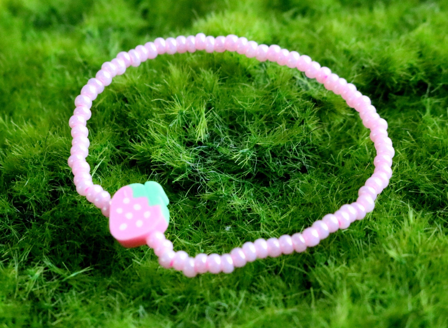 Sweet As A Strawberry - Light Pink Glass Beads and Clay Strawberry Charm Child's Bracelet - Monkeysmojo